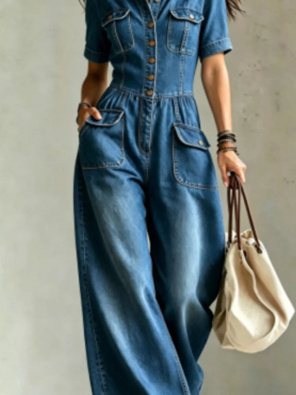 Full Size Denim Wide-Leg Jumpsuit with Chest Pockets Plus Size