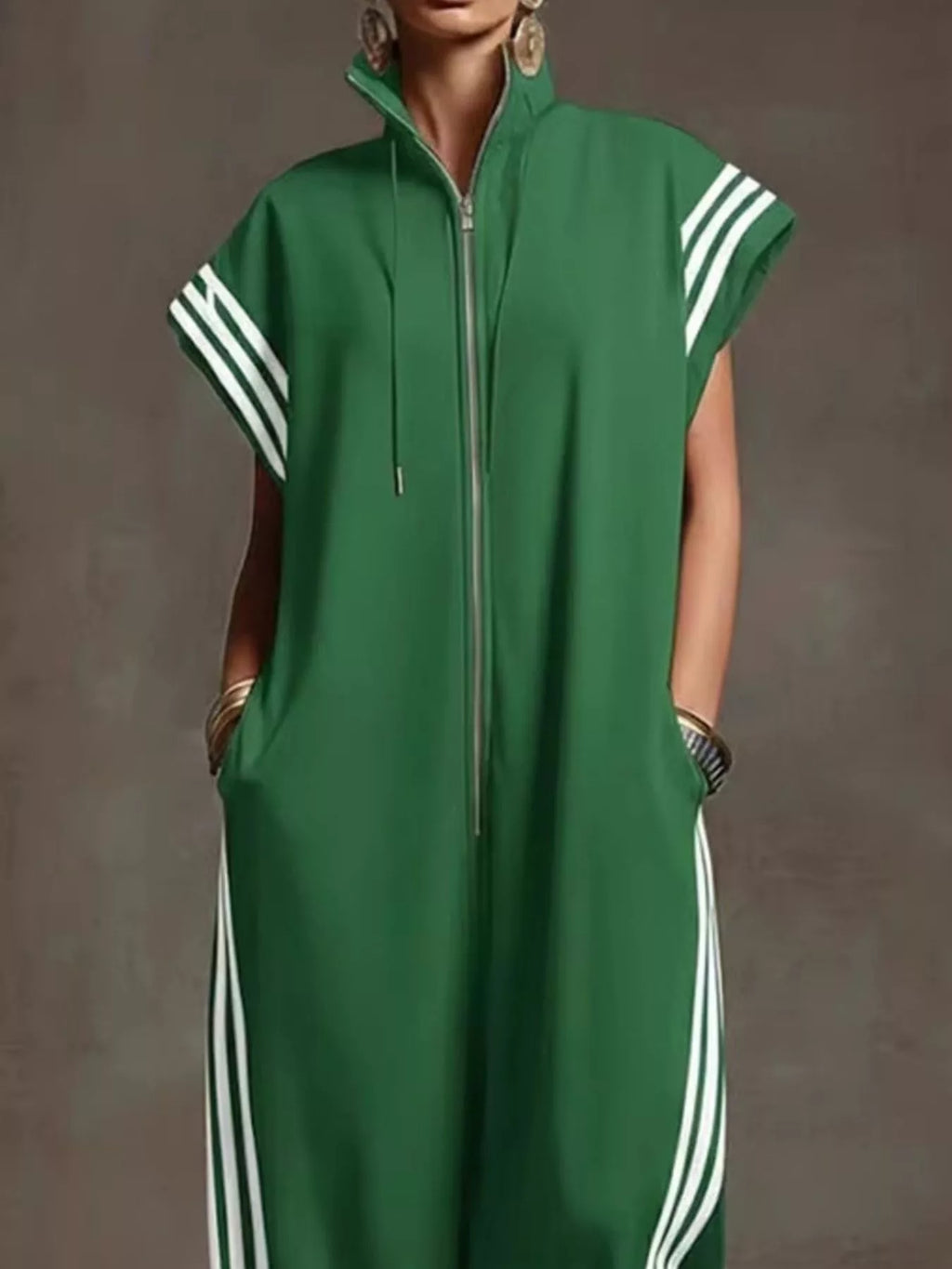 Full Size Side Stripe Zip-Front Wide Leg Jumpsuit Plus Size