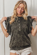 Mineral Washed Terry Button-Placket Top with Ruffle Sleeves