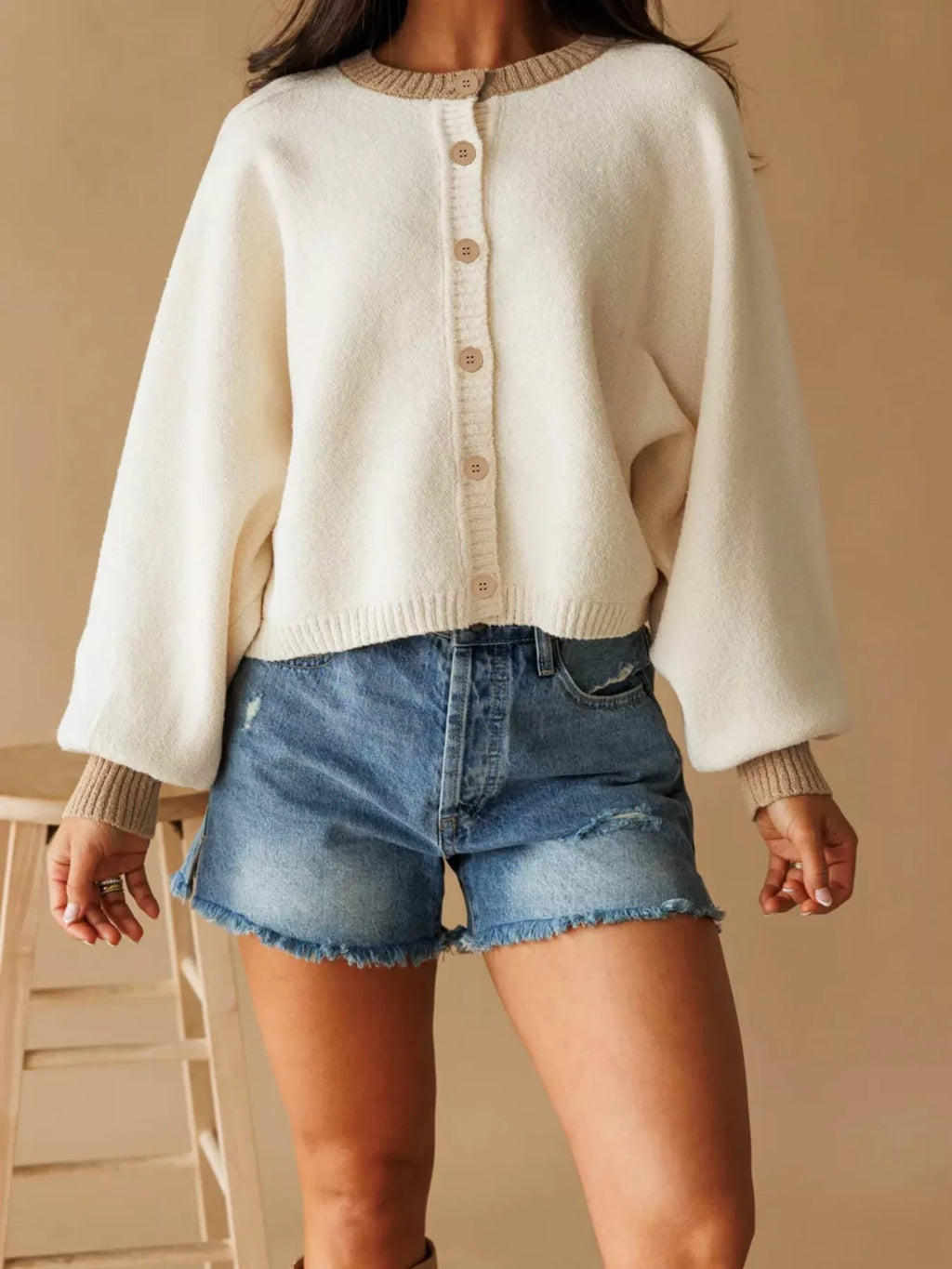 Button-Front Knit Cardigan with Contrast Trim