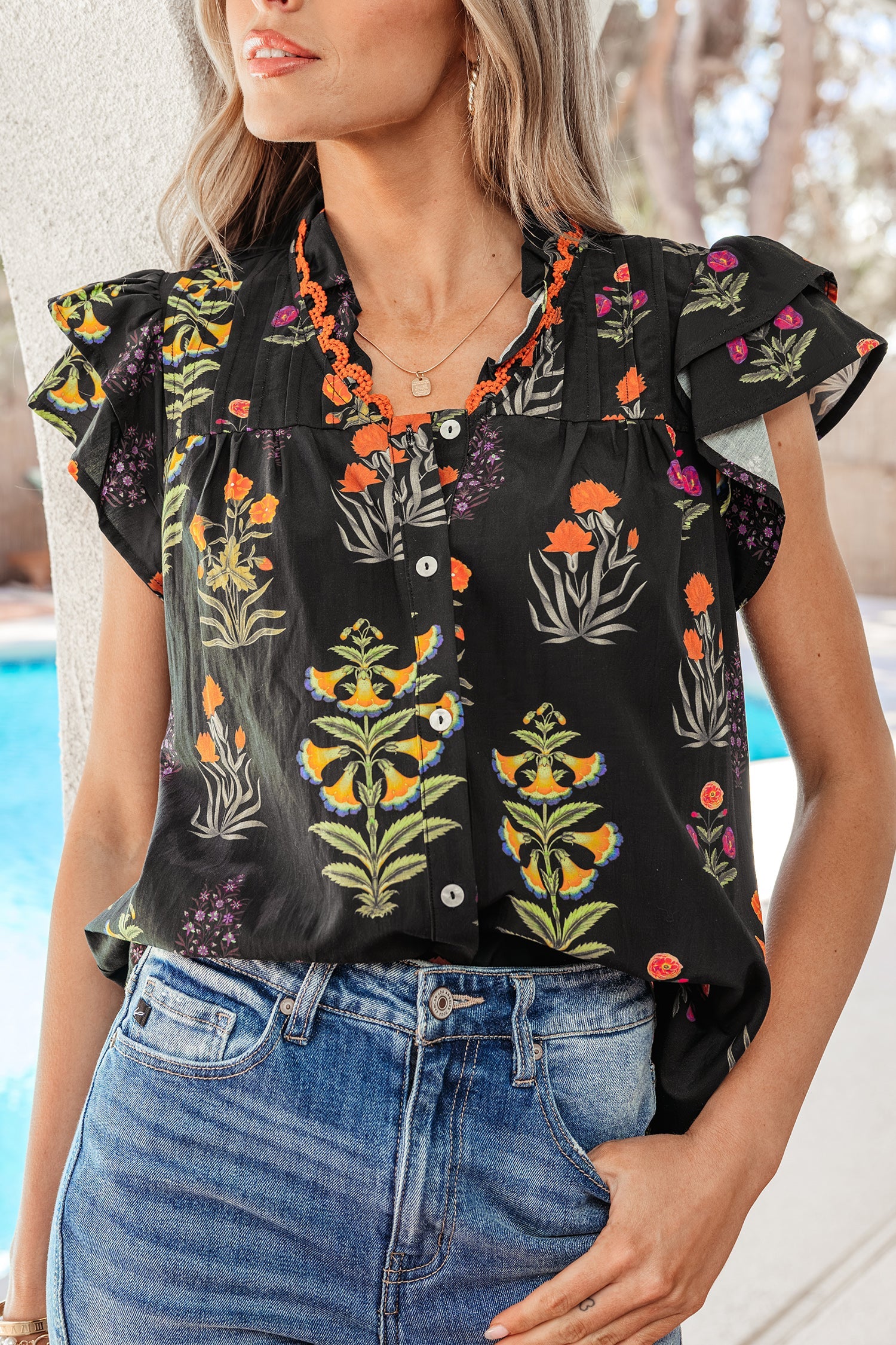 Black Floral Print Lace Trim Frilled V Neck Short Sleeve Shirt