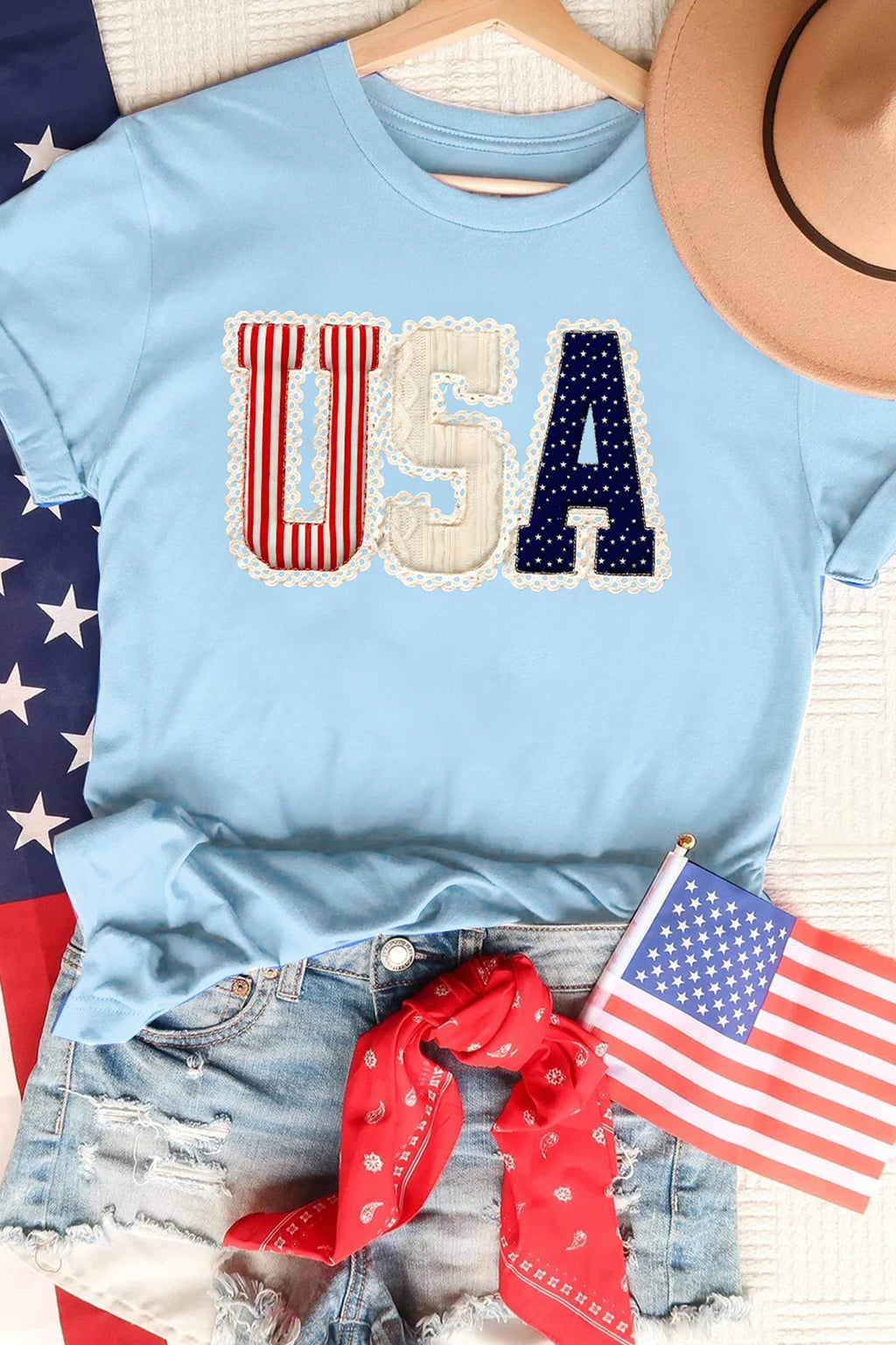 Light Blue USA Patriotic Printed T Shirt
