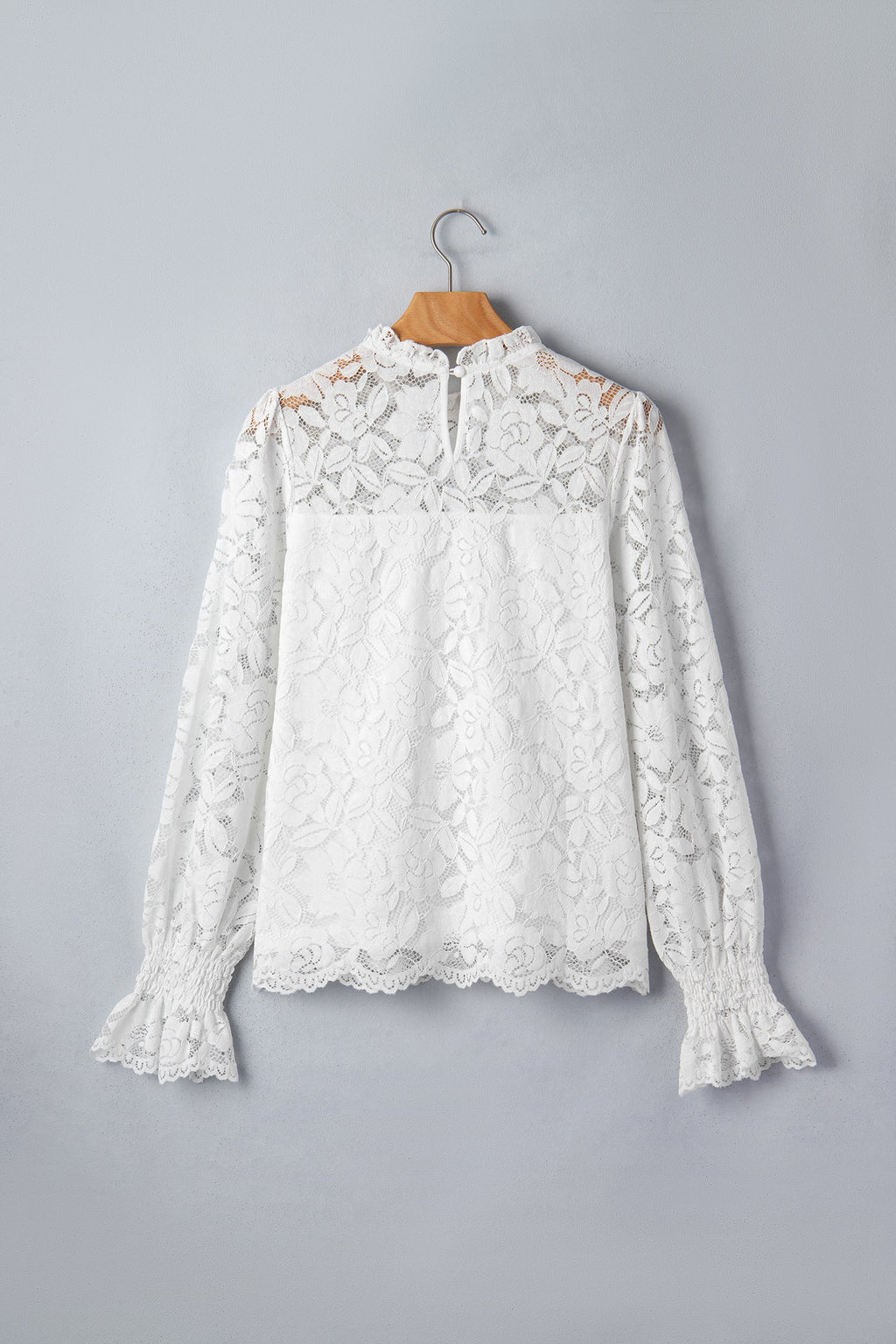 White Ruffled Round Neck Long Flounce Sleeve Sheer Lace Blouse