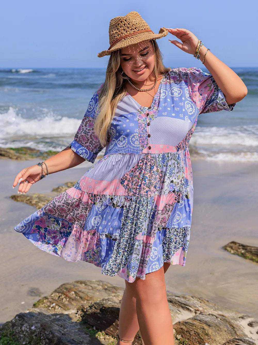 Printed V-Neck Tiered Mini Dress