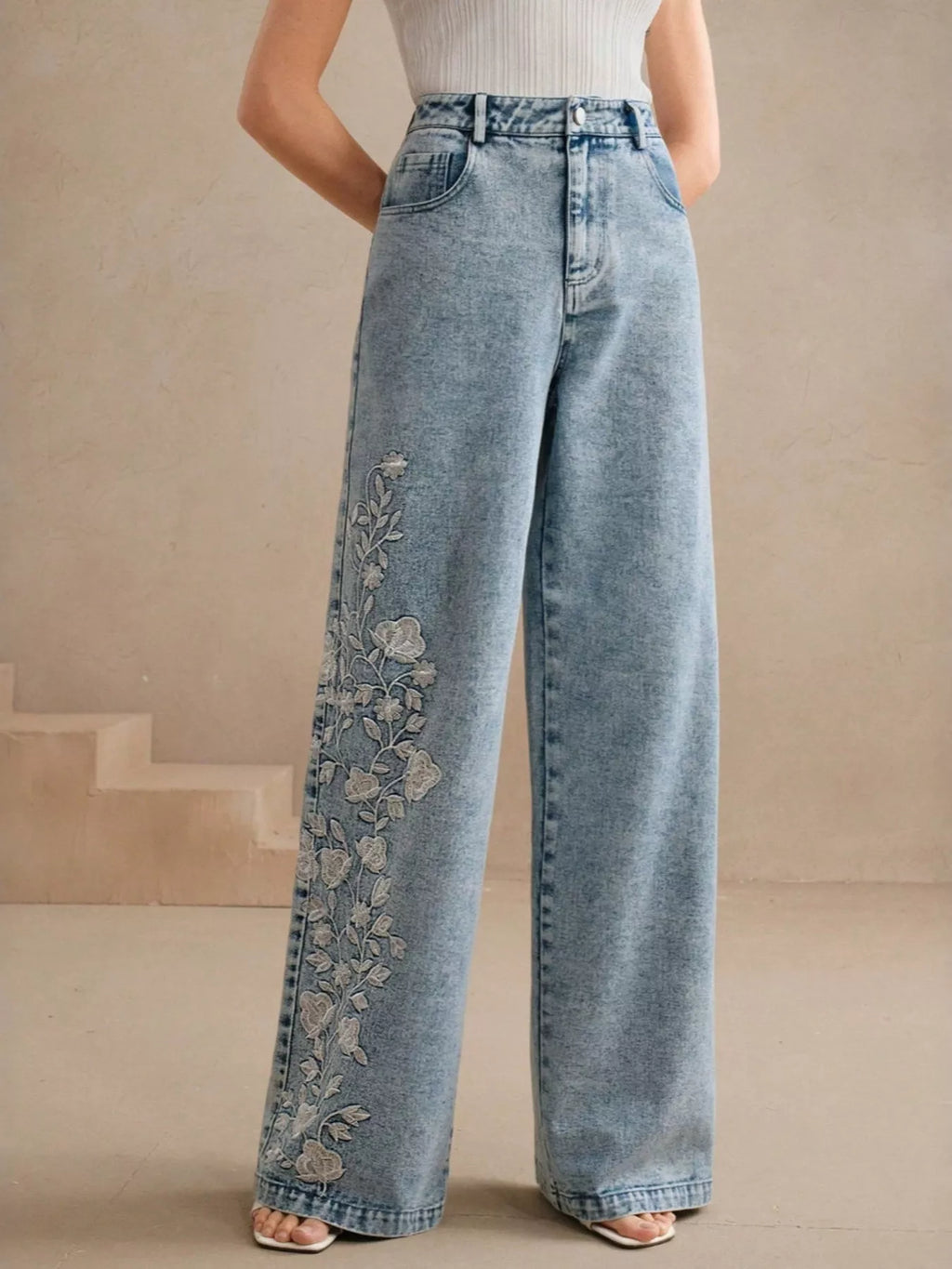 Embroidered Wide-Leg Jeans