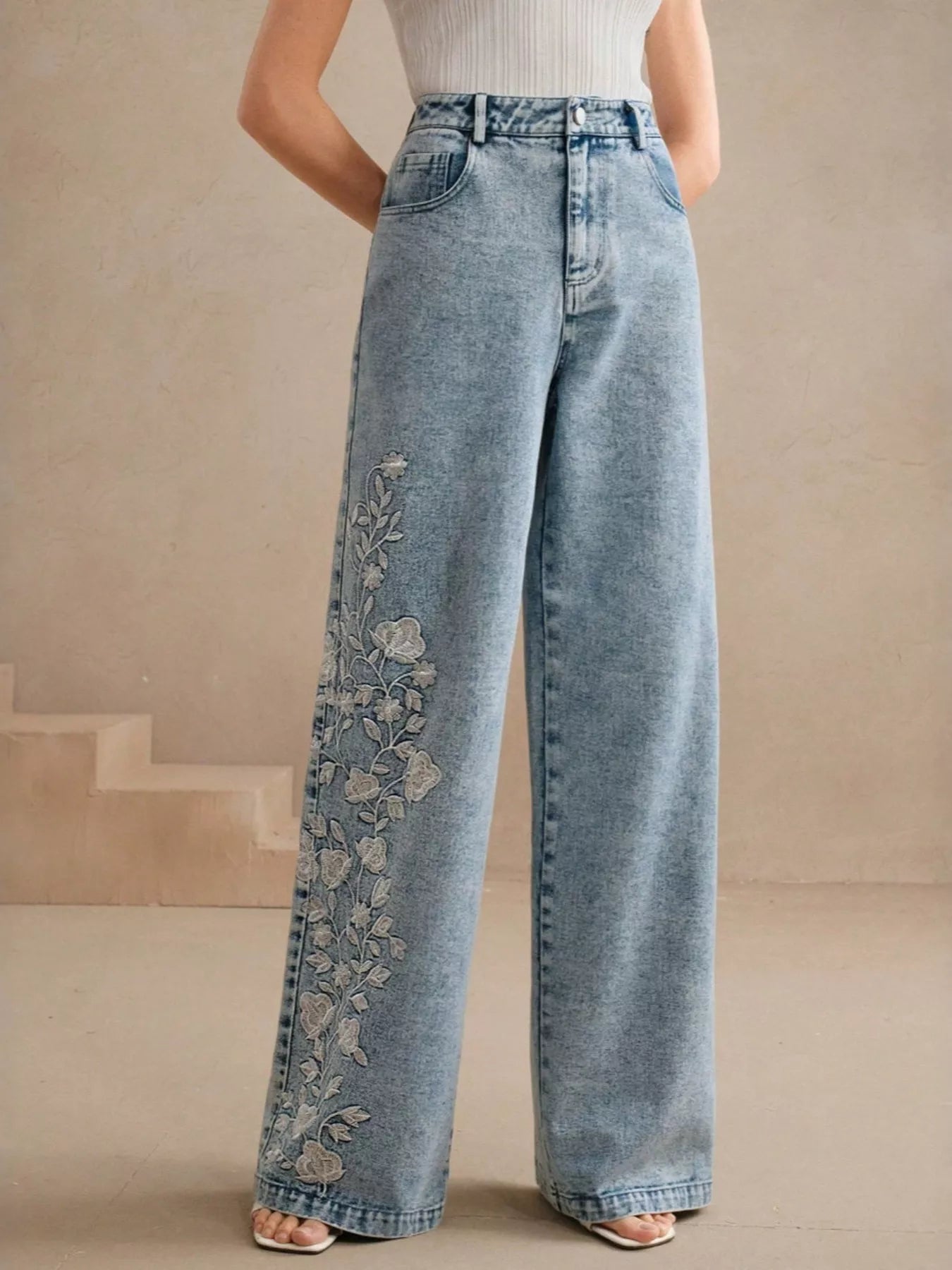 Embroidered Wide-Leg Jeans