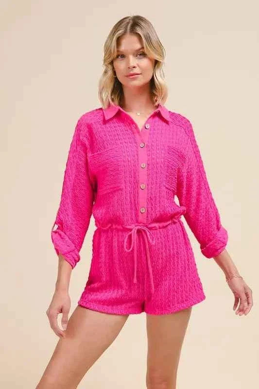 Fuchsia Textured Knit Button Front Romper