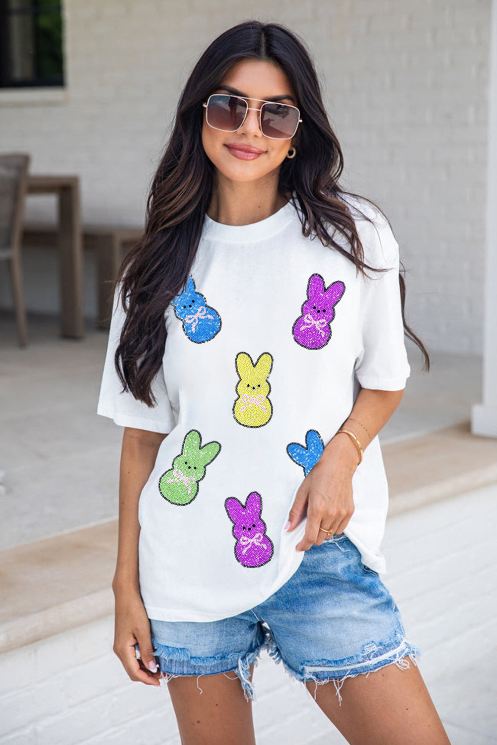 White Sequin Bow Bunny Doll Patched Easter Graphic Tee
