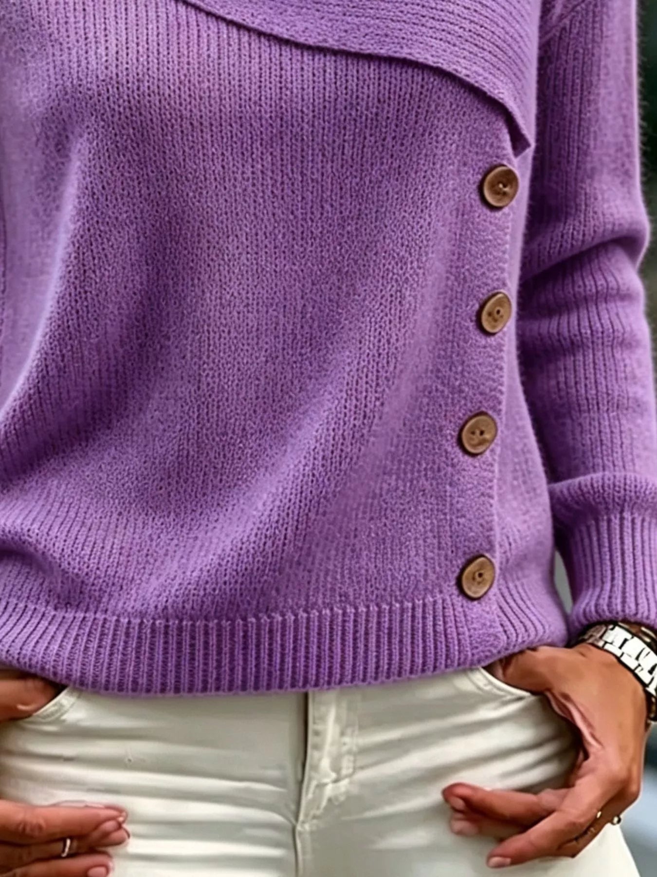 Full Size Asymmetrical Decor Button Sweater Plus Size