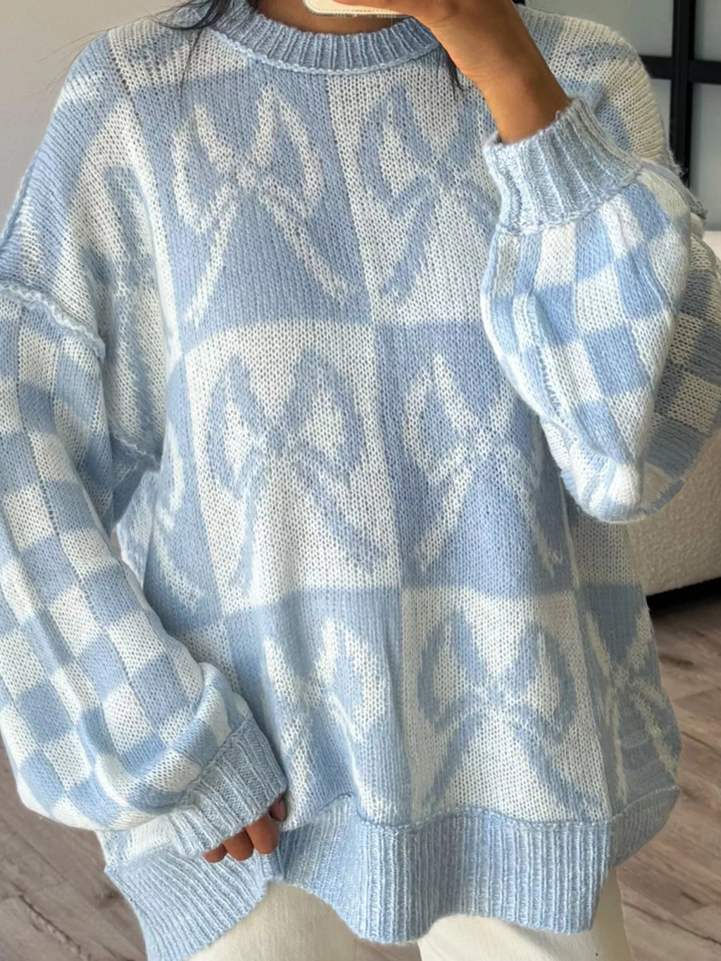 Checkerboard Bow Pattern Dropped Shoulder Sweater