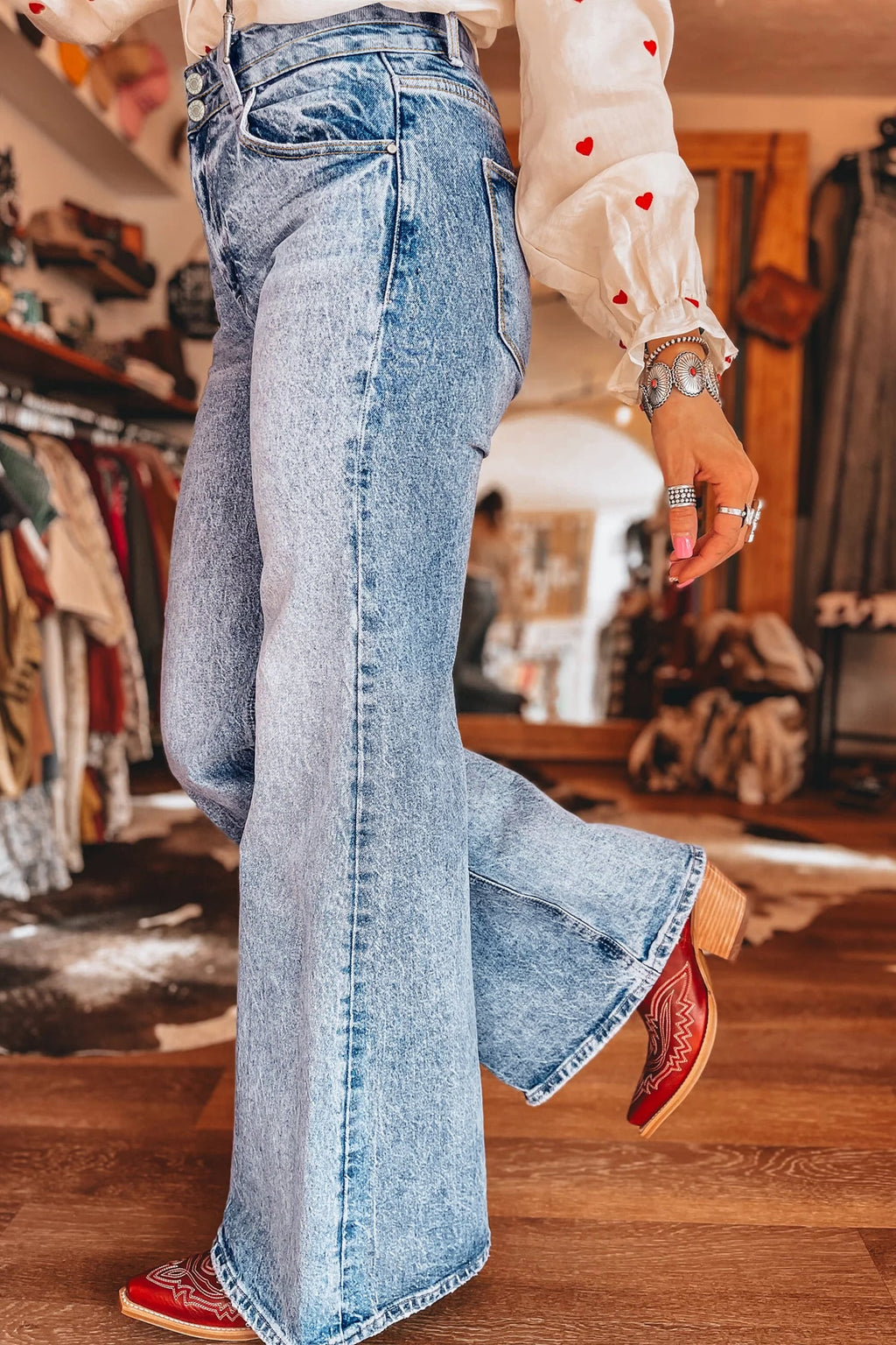Beau Blue Acid Wash Pocket Detail Flare Jeans