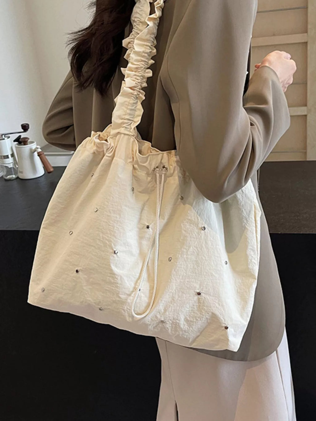 Studded Ruched Strap Handbag