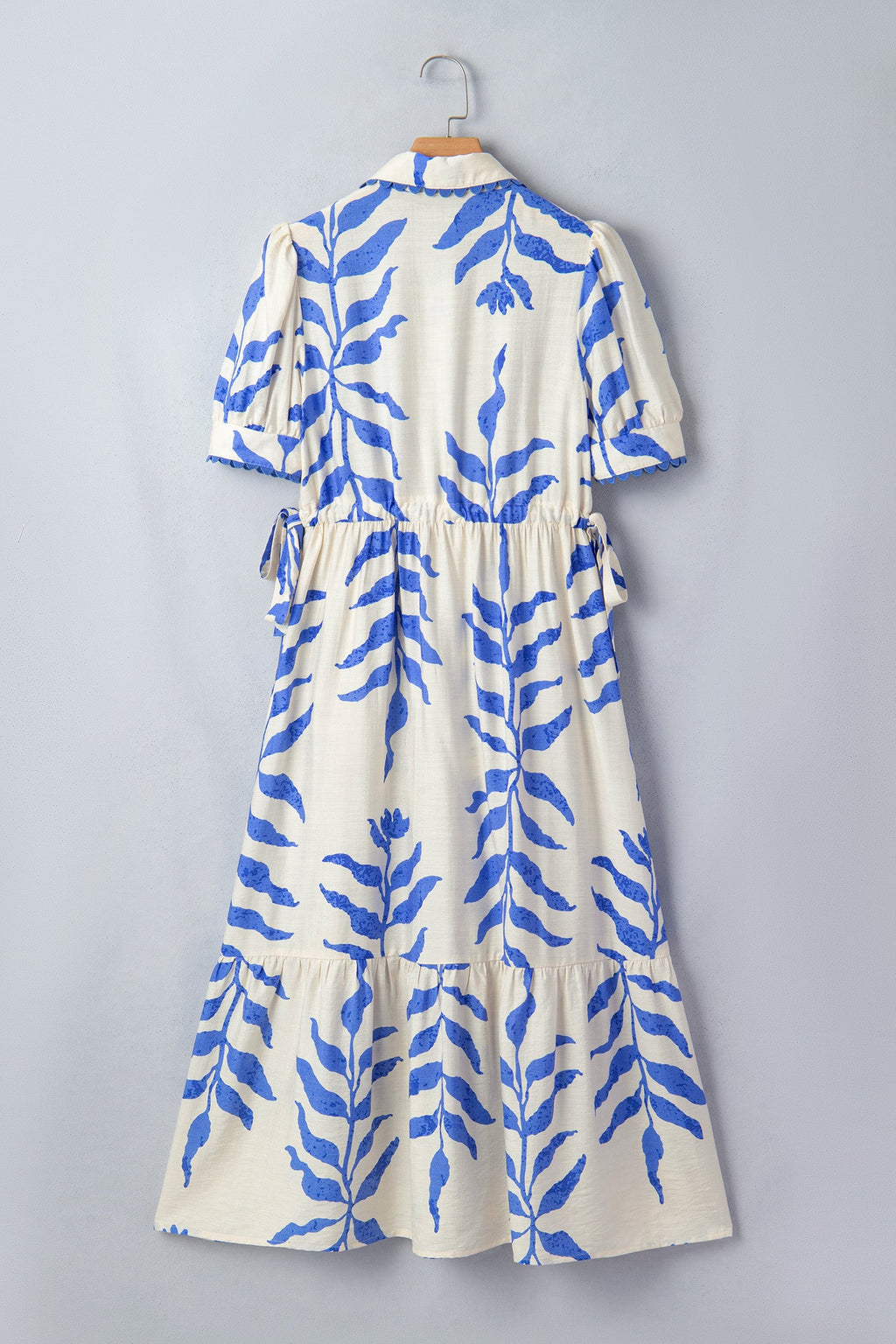 Sky Blue Leafy Botanical Print Side Tie Button Down Maxi Dress