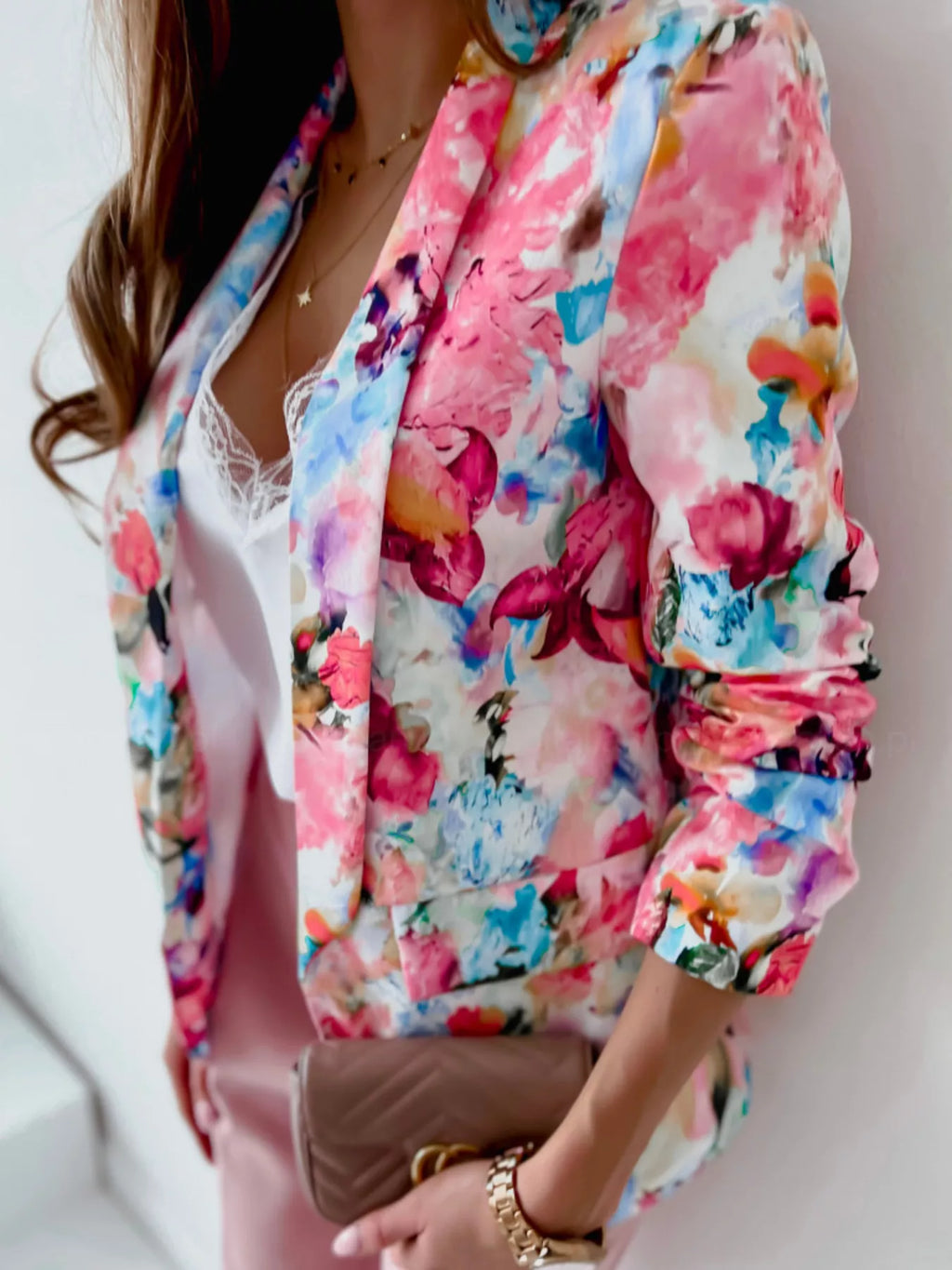 Vibrant Floral Print Open Front Blazer