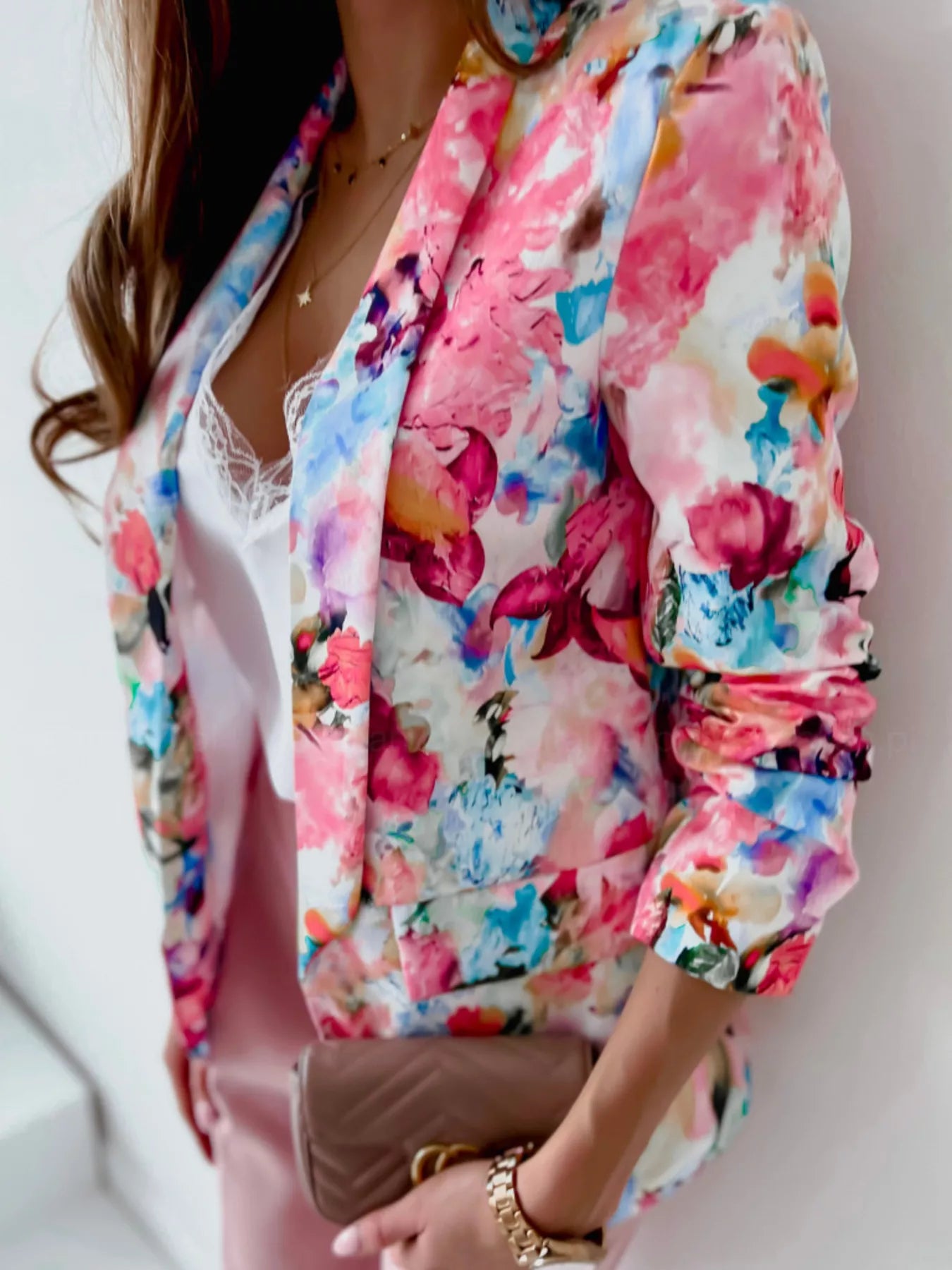 Vibrant Floral Print Open Front Blazer