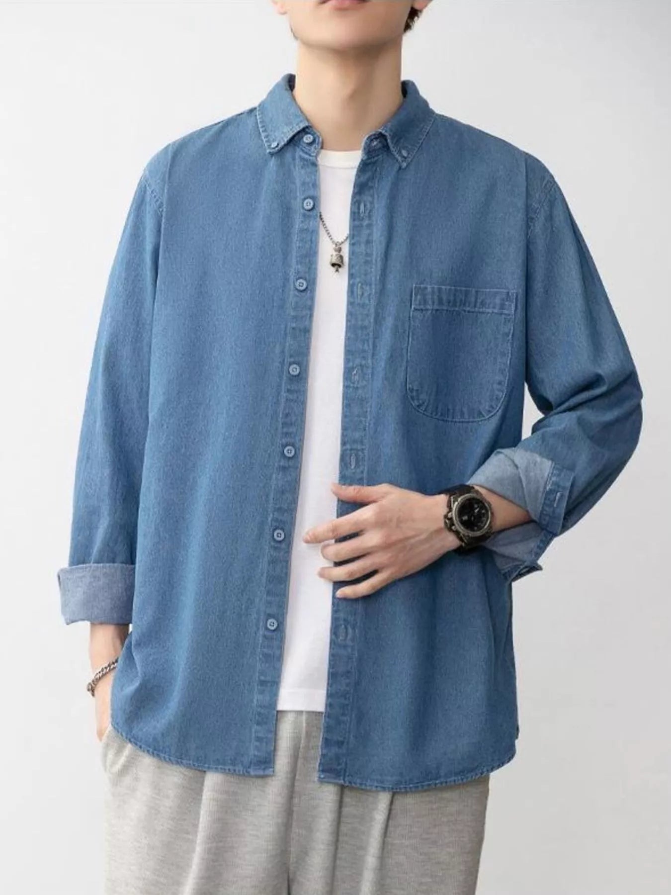 Men's Plus Size Button Up Long Sleeve Denim Shirt