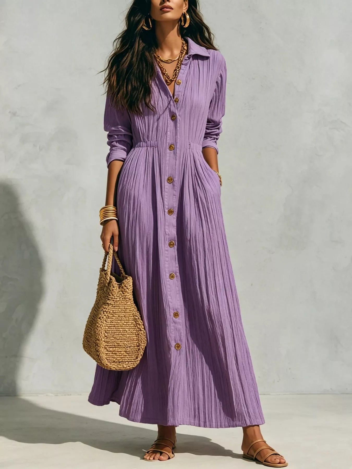 Full Size Textured Button Front Long Sleeve Maxi Dress Plus Size