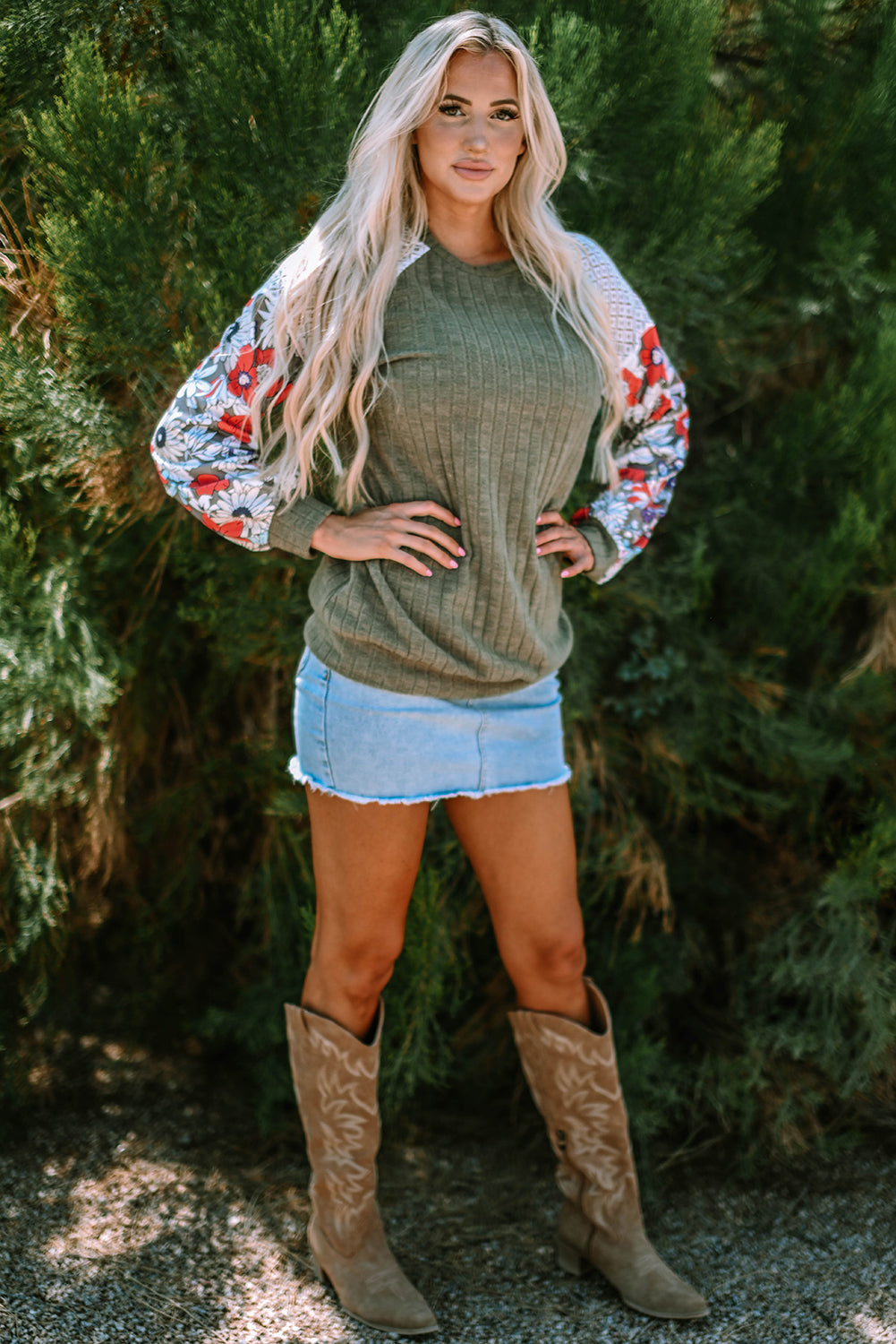 Floral Ribbed Patchwork Long Sleeve Blouse