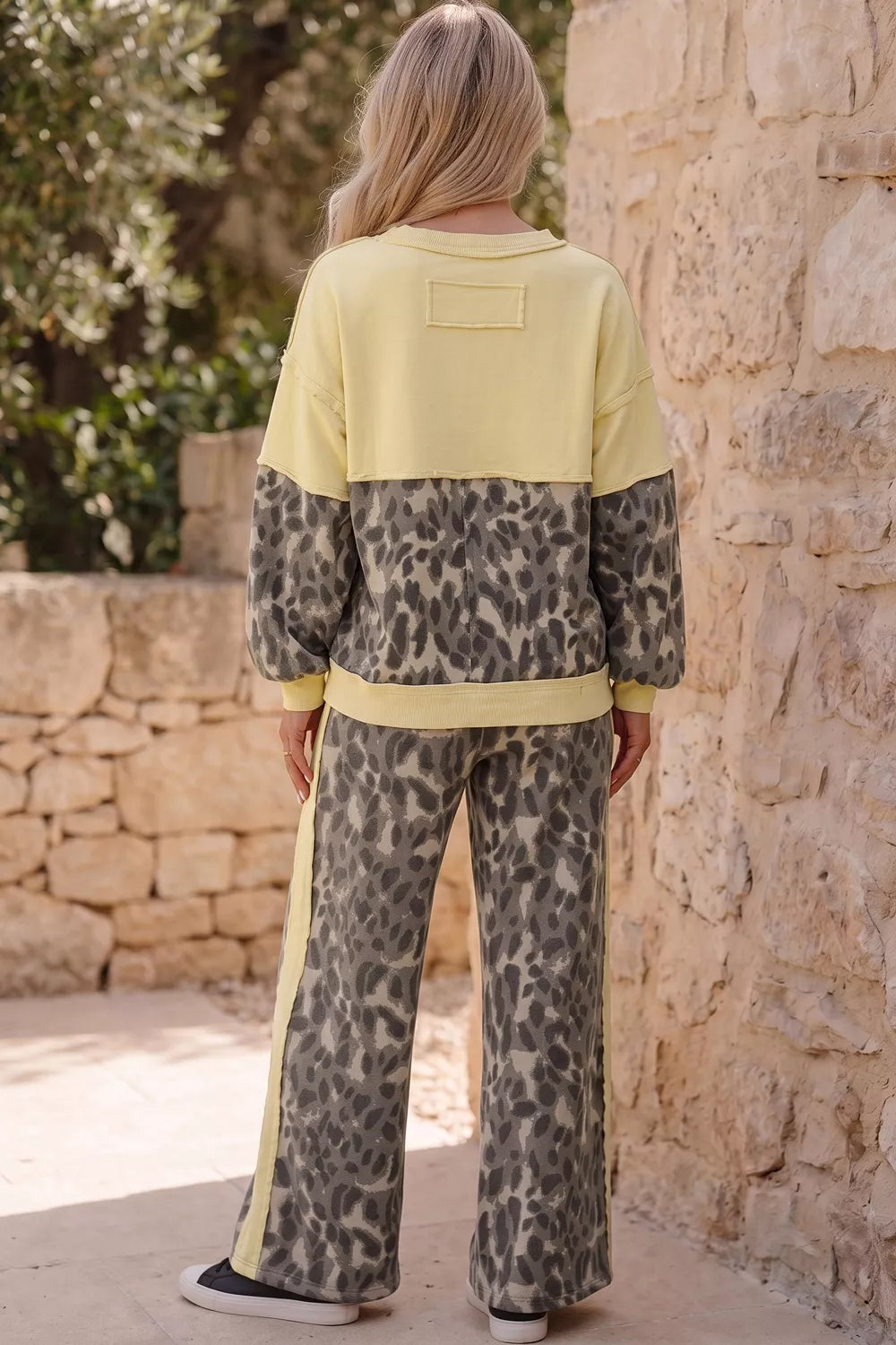 Leopard Print Long Sleeve V-Neck Top & Wide Leg Pant Set
