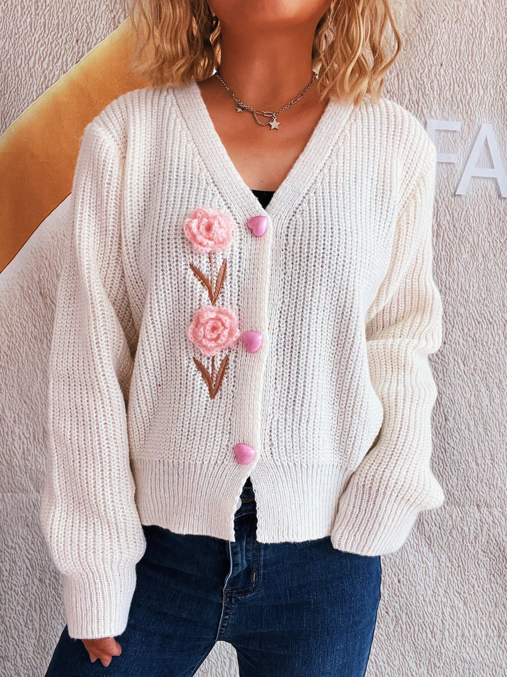 Flower V-Neck Button Up Cardigan