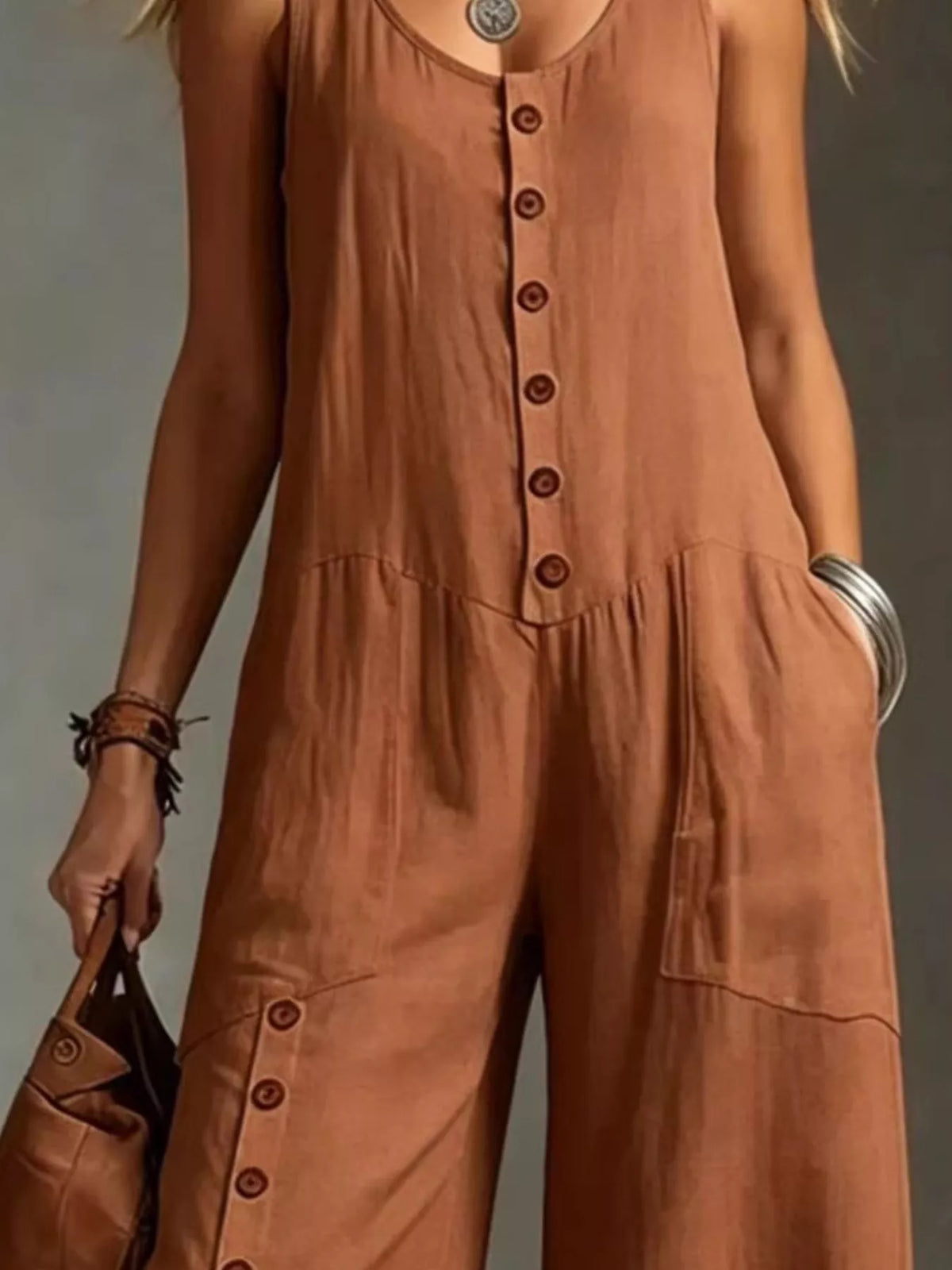 Full Size Sleeveless Button-Down Wide-Leg Jumpsuit Plus Size