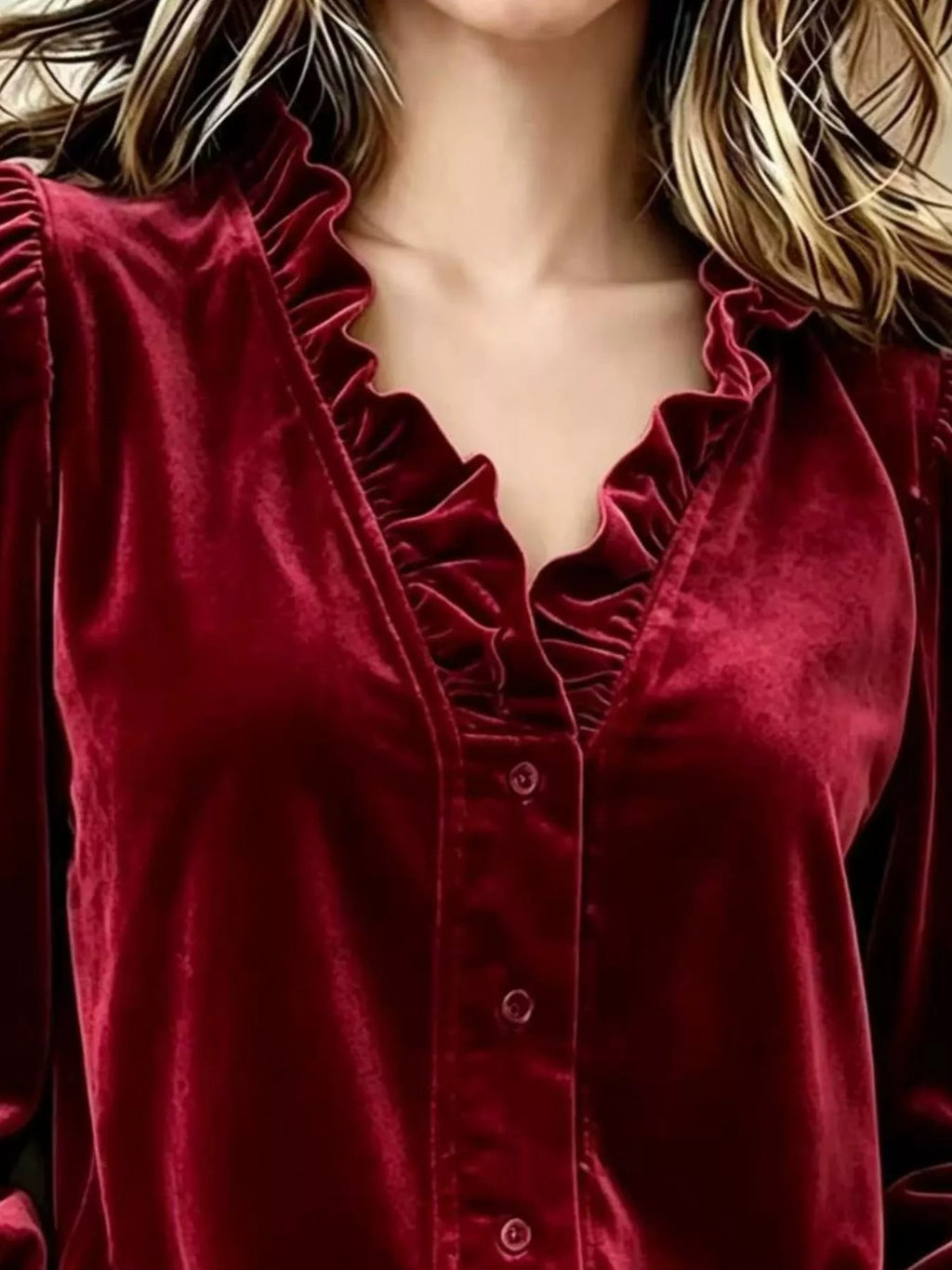 V-Neck Ruffled Velvet Button Down Blouse
