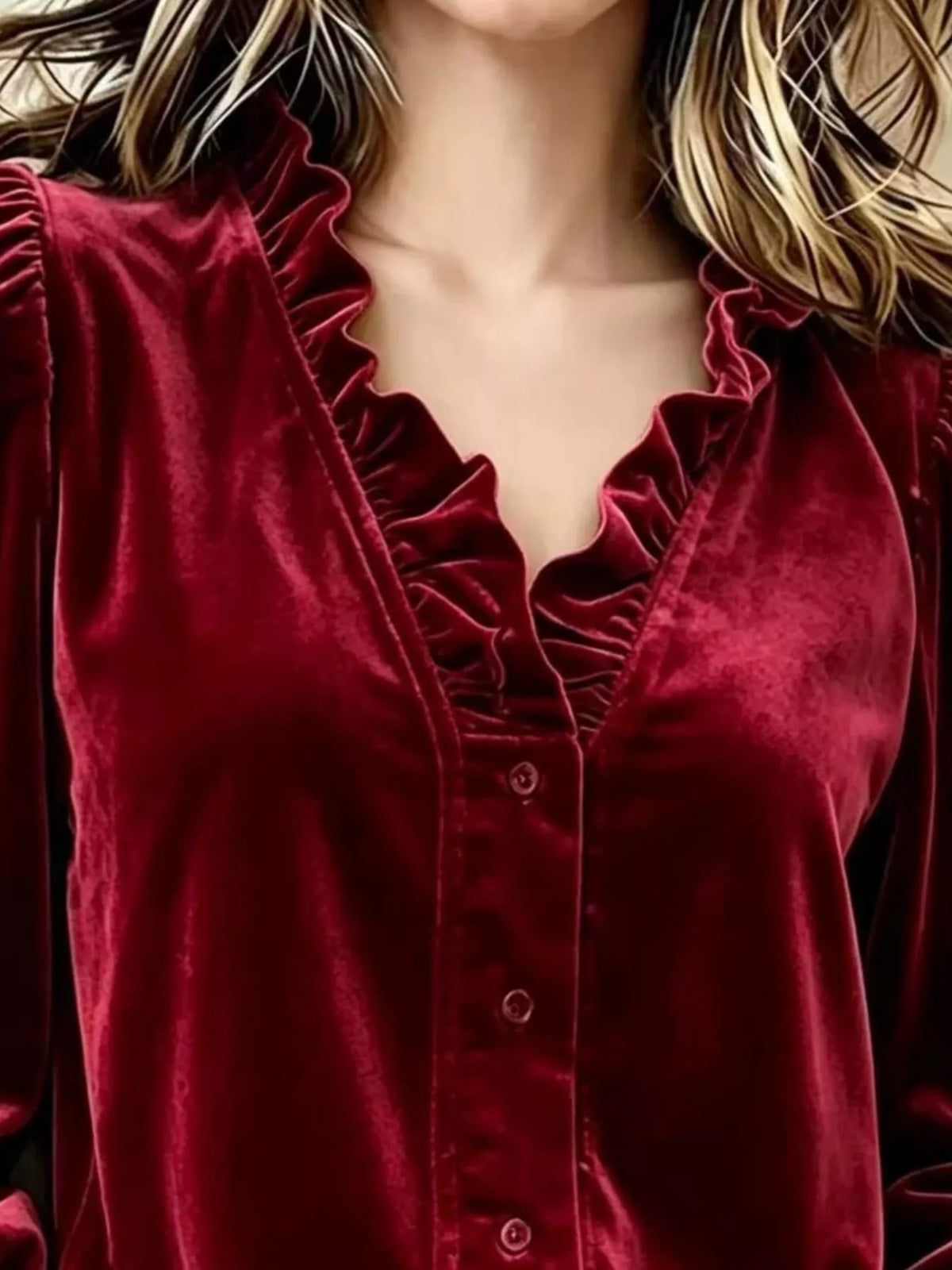 V-Neck Ruffled Velvet Button Down Blouse