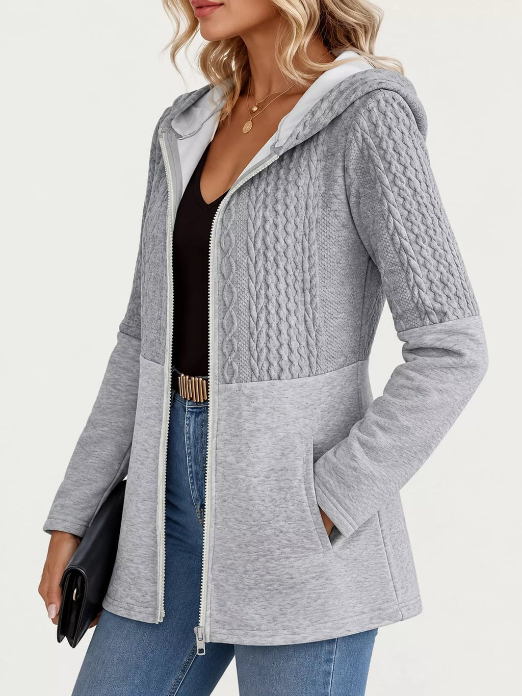 Full Size Textured Hooded Zip-Up Jacket Plus Size