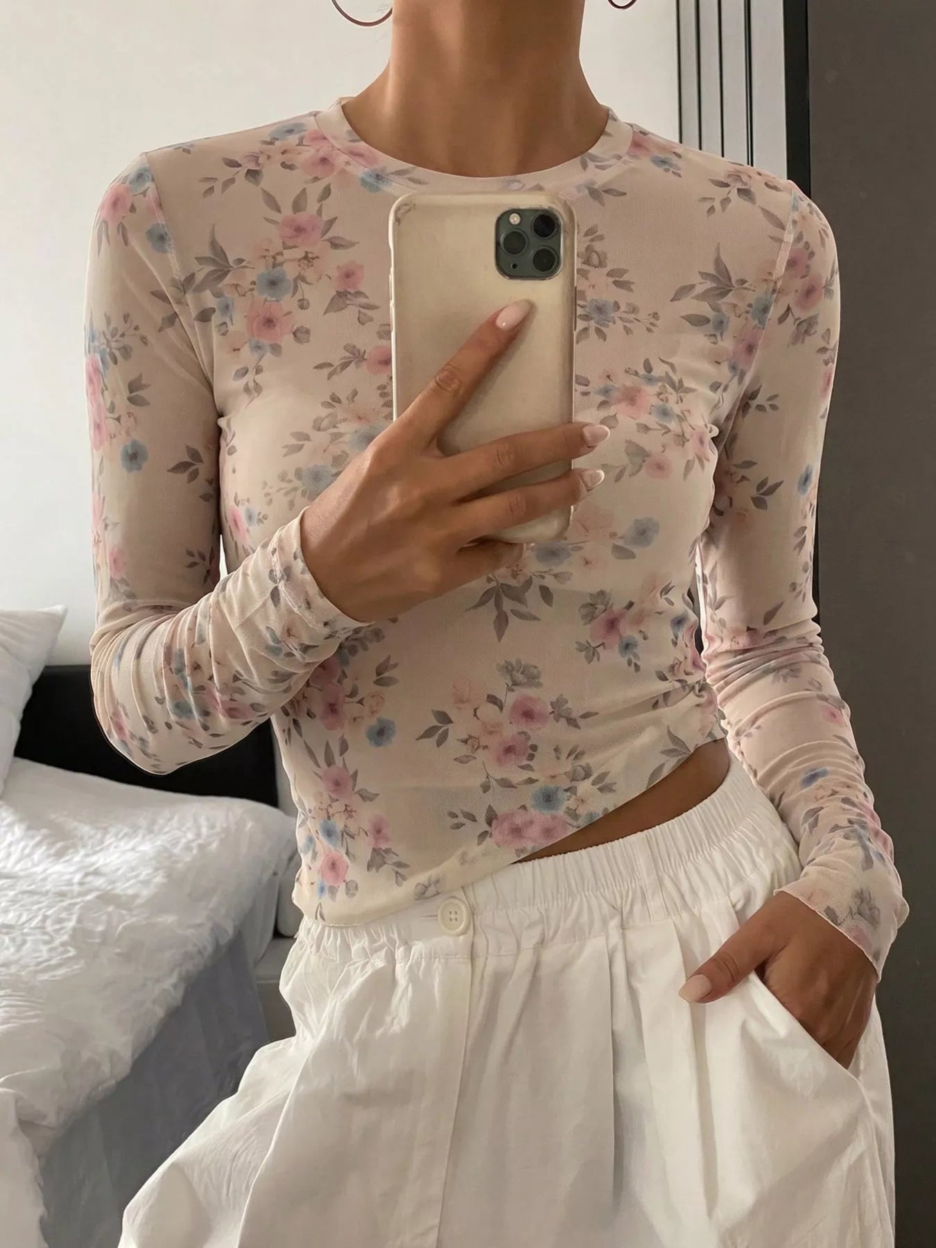 Sheer Floral Print Long Sleeve T-Shirt
