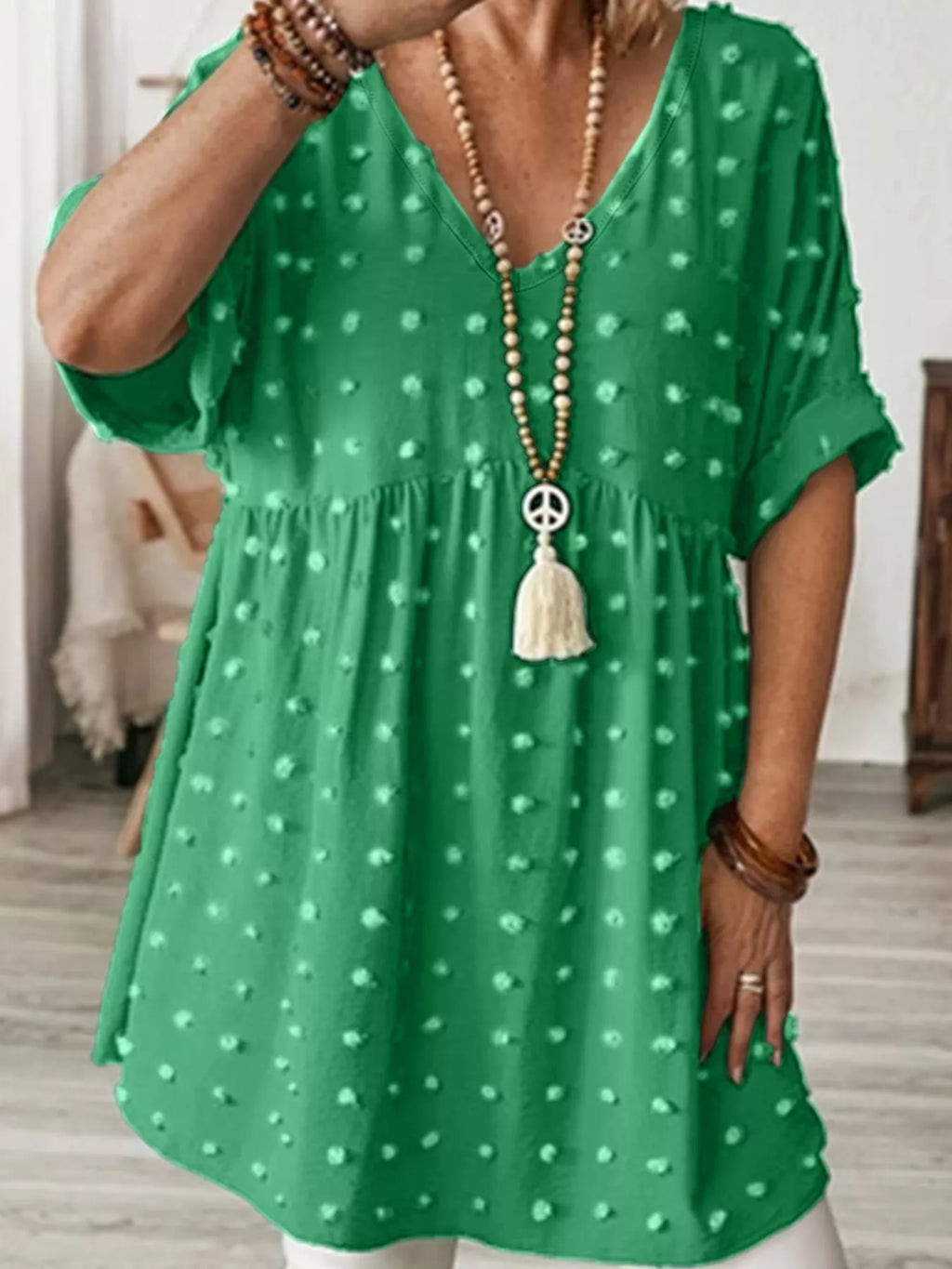 Plus Size Swiss Dot V-Neck Casual Blouse