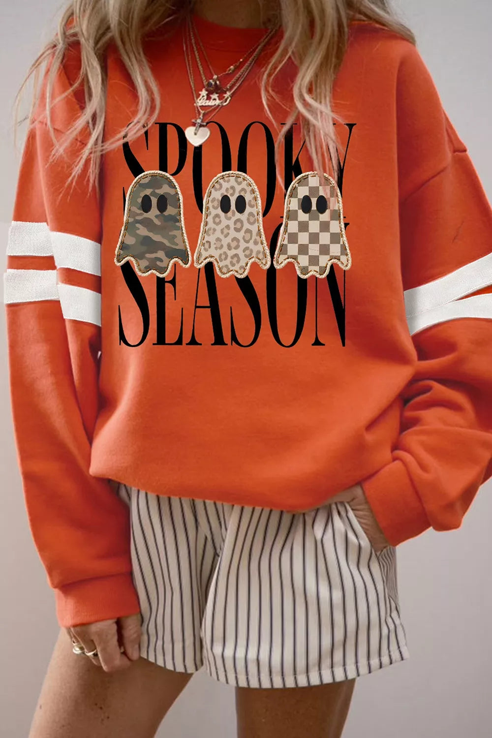 Spooky Season Ghost Graphic Varsity Striped Sleeve Halloween Pullover Sweatshirt