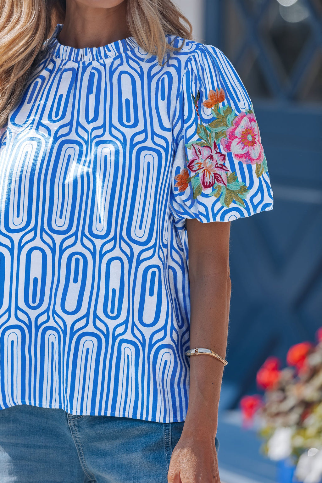 Sky Blue Unique Geometry Print Floral Embroidered Puff Sleeve Blouse