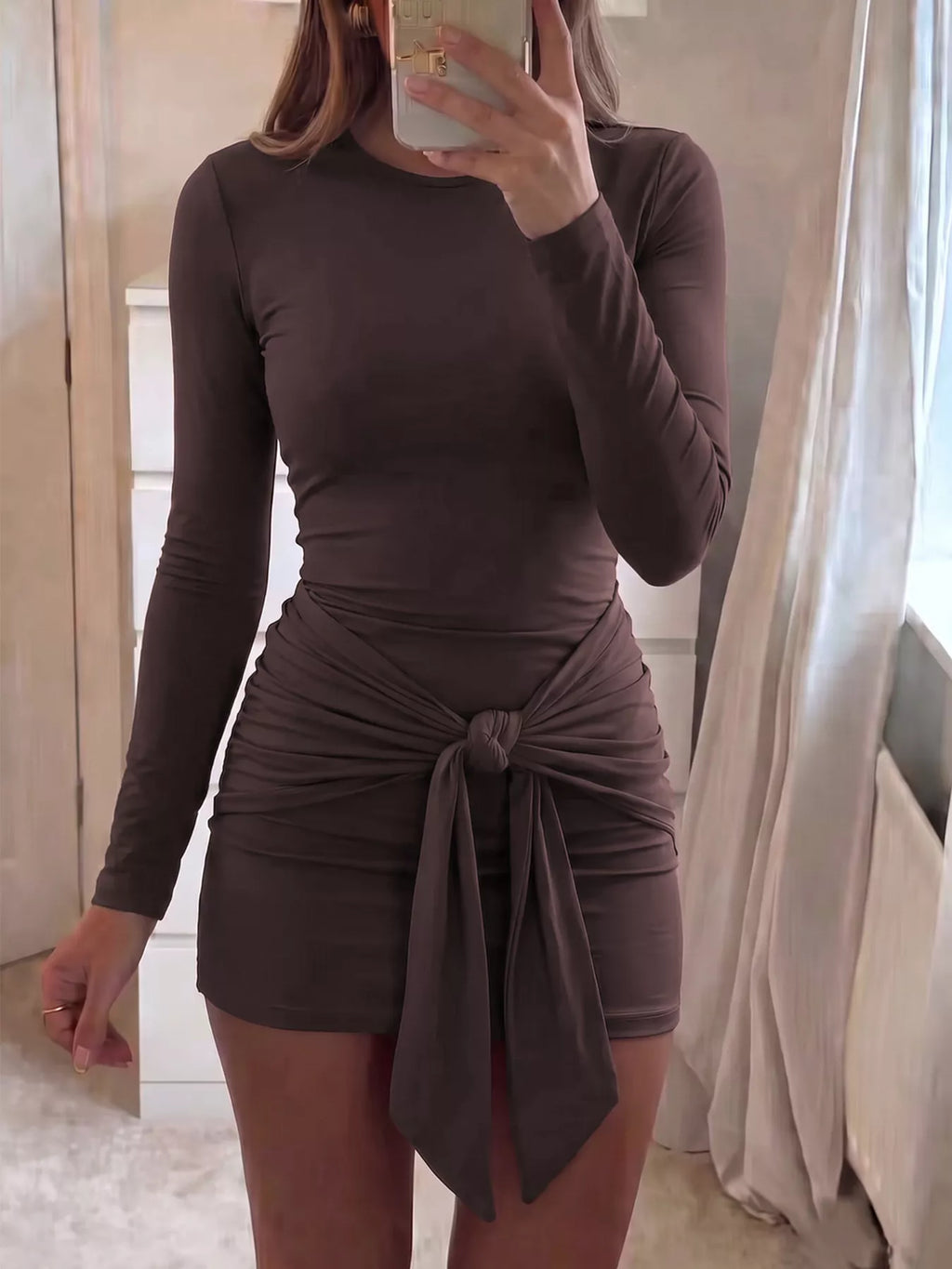 Long Sleeve Bodycon Dress with Front Tie Detail