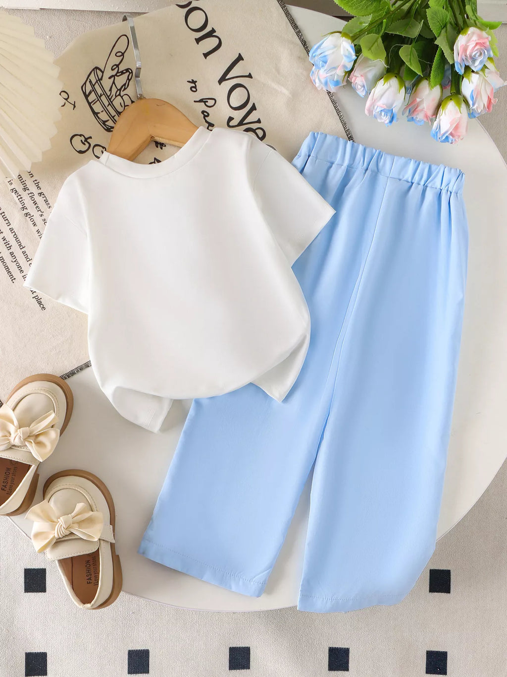 Children's Bow Round Neck Top and Pants Set