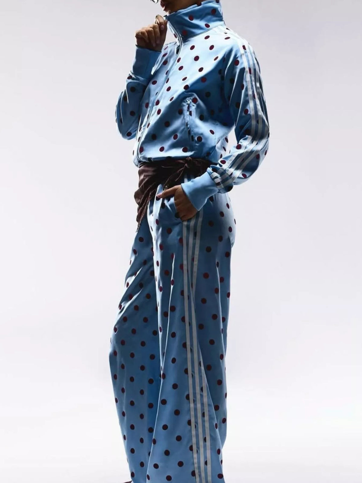 Polka Dot Side Striped Outerwear and Pants Set