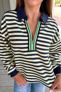 Navy Blue Striped Print Contrast Collar Zip V Neck Long Sleeve Top