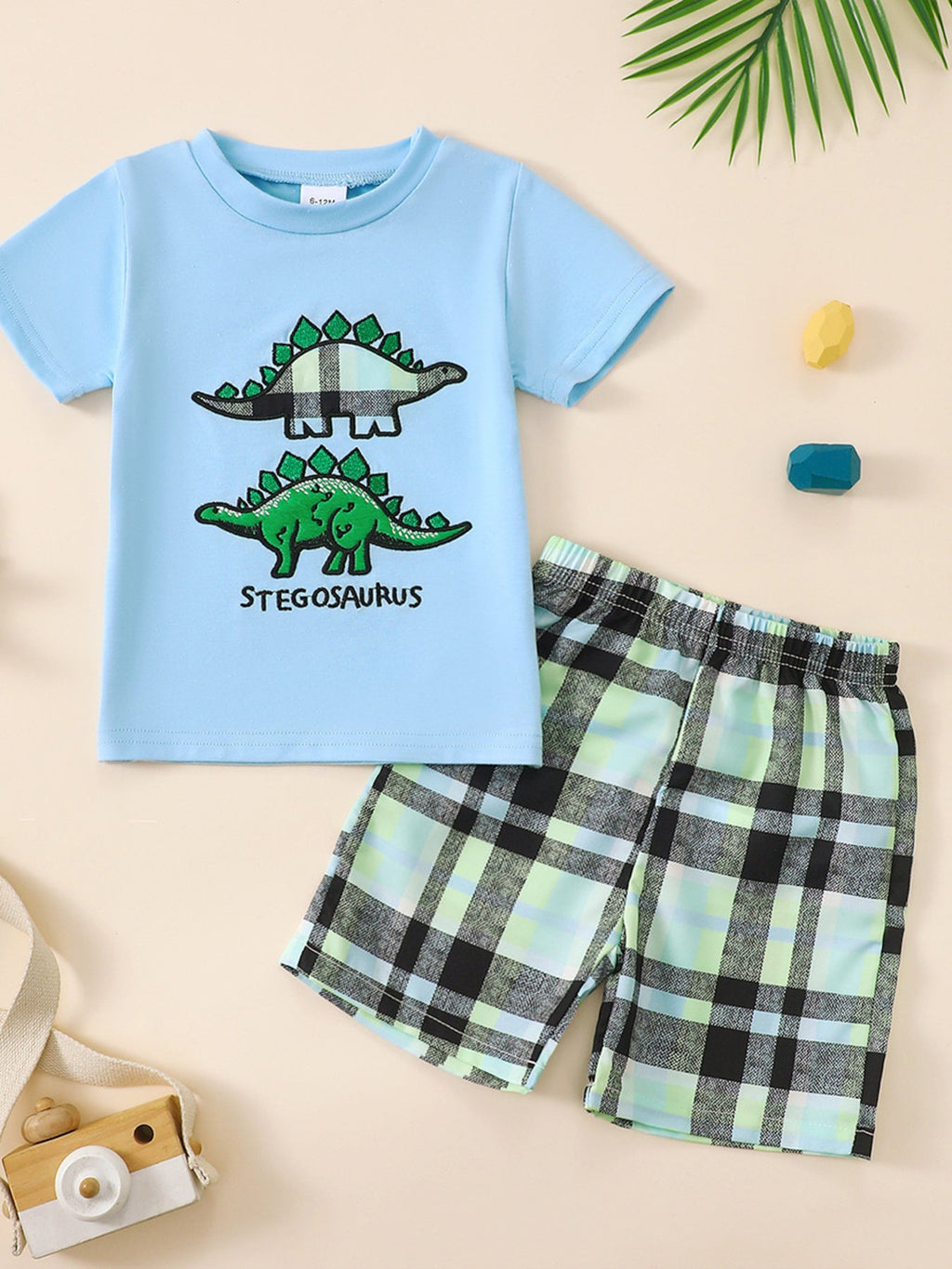 Children's Dinosaur Short Sleeve Tee & Plaid Shorts Set