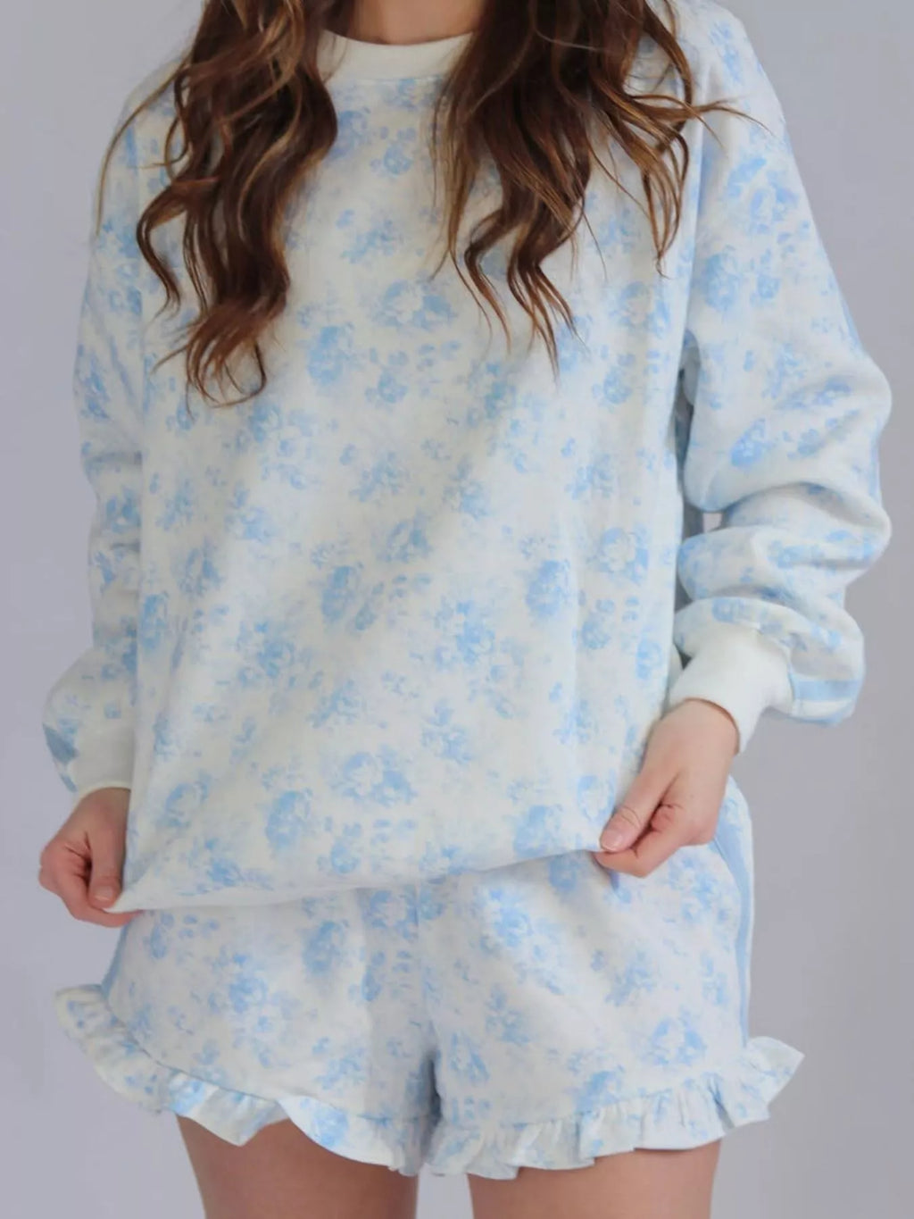 Floral Print Long Sleeve Sweatshirt and Shorts Set