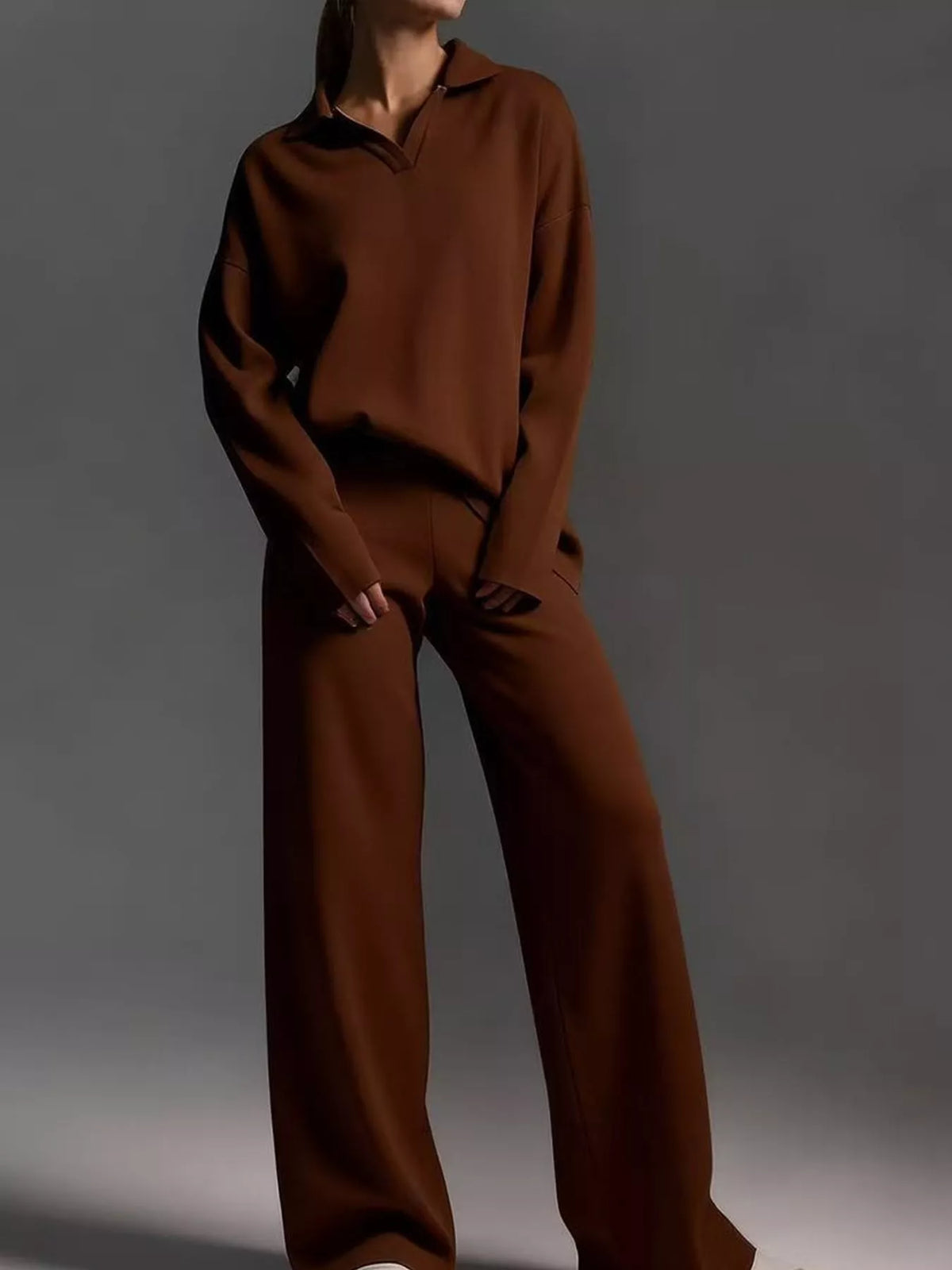 Polo Collar Top and Wide-Leg Pants Set