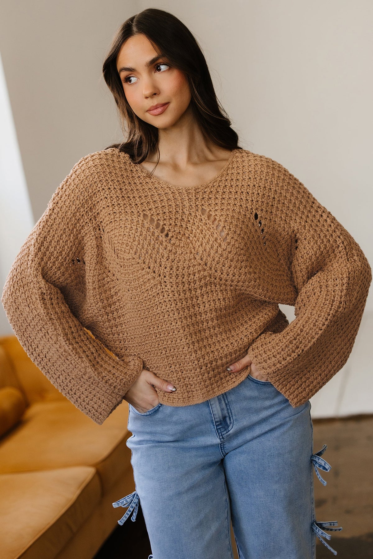 Hollowed Knit Wide Sleeve Pullover Sweater