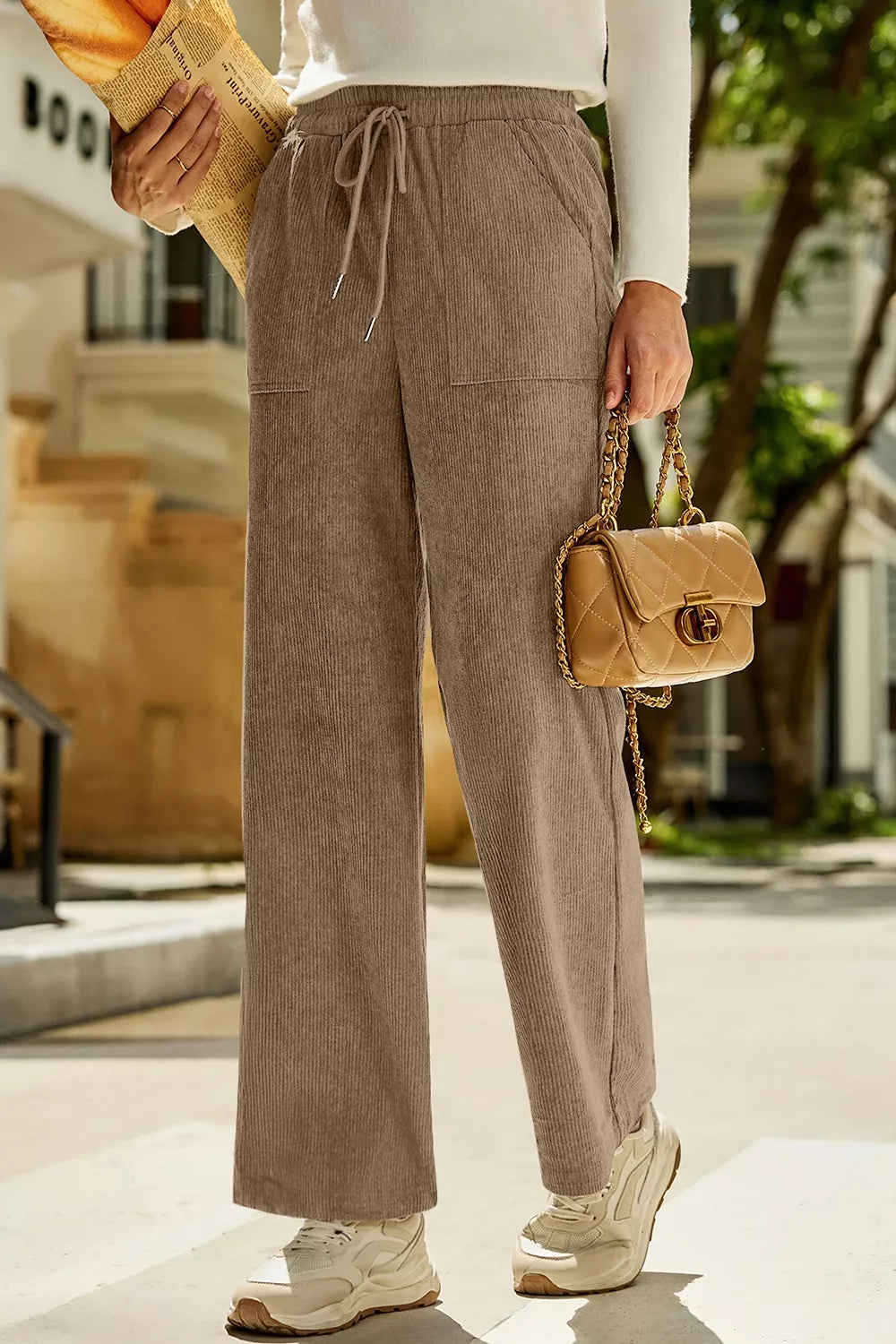 Corduroy Wide-Leg Drawstring Pants