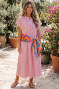 Red Stripe Frilled Detail Half Buttons Short Sleeve Long Dress