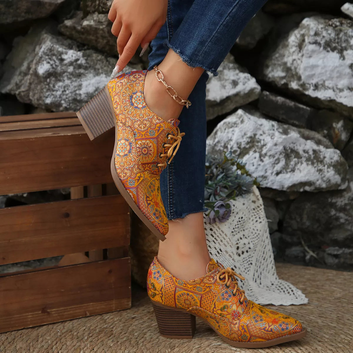 Point Toe Block Heels Ankle Boots