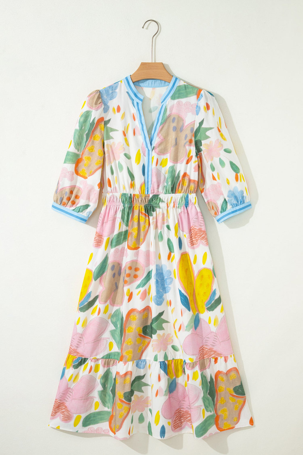 Multicolour Floral Doodle Print Striped Trim V Neck Midi Dress