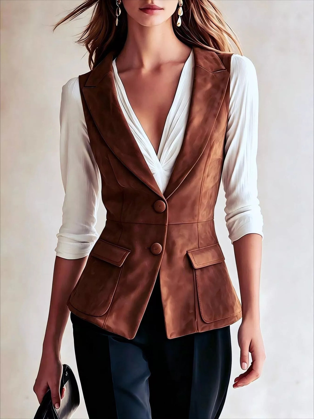 Button-Front Closure Suede Vest Coat