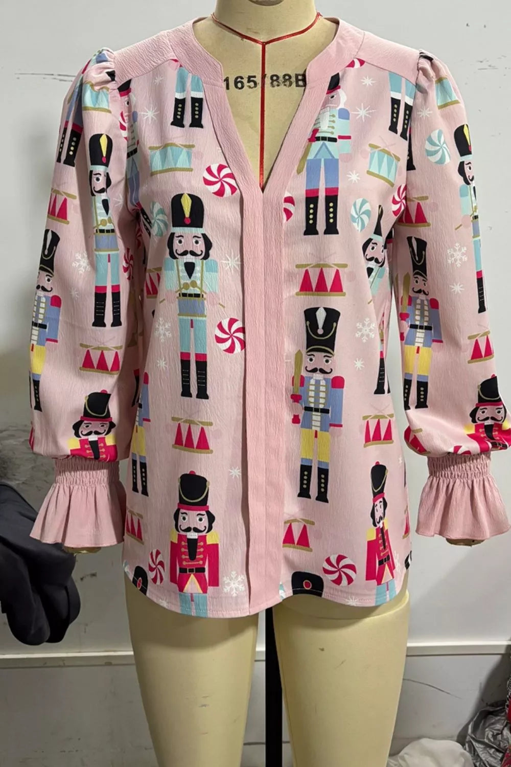 Nutcracker Print Notched Flounce Sleeve Blouse