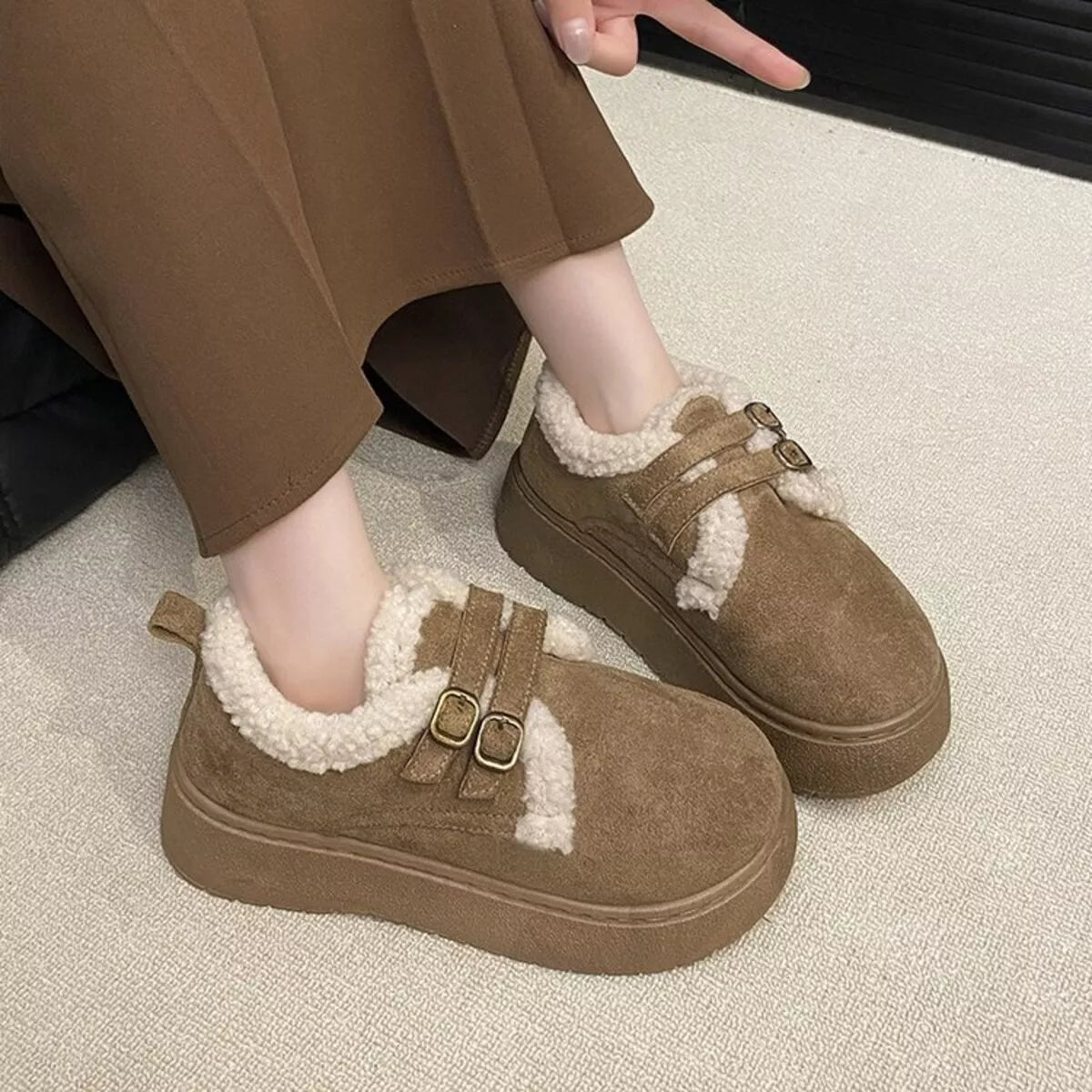 Double Buckle Fur-Lined Winter Ankle Boots