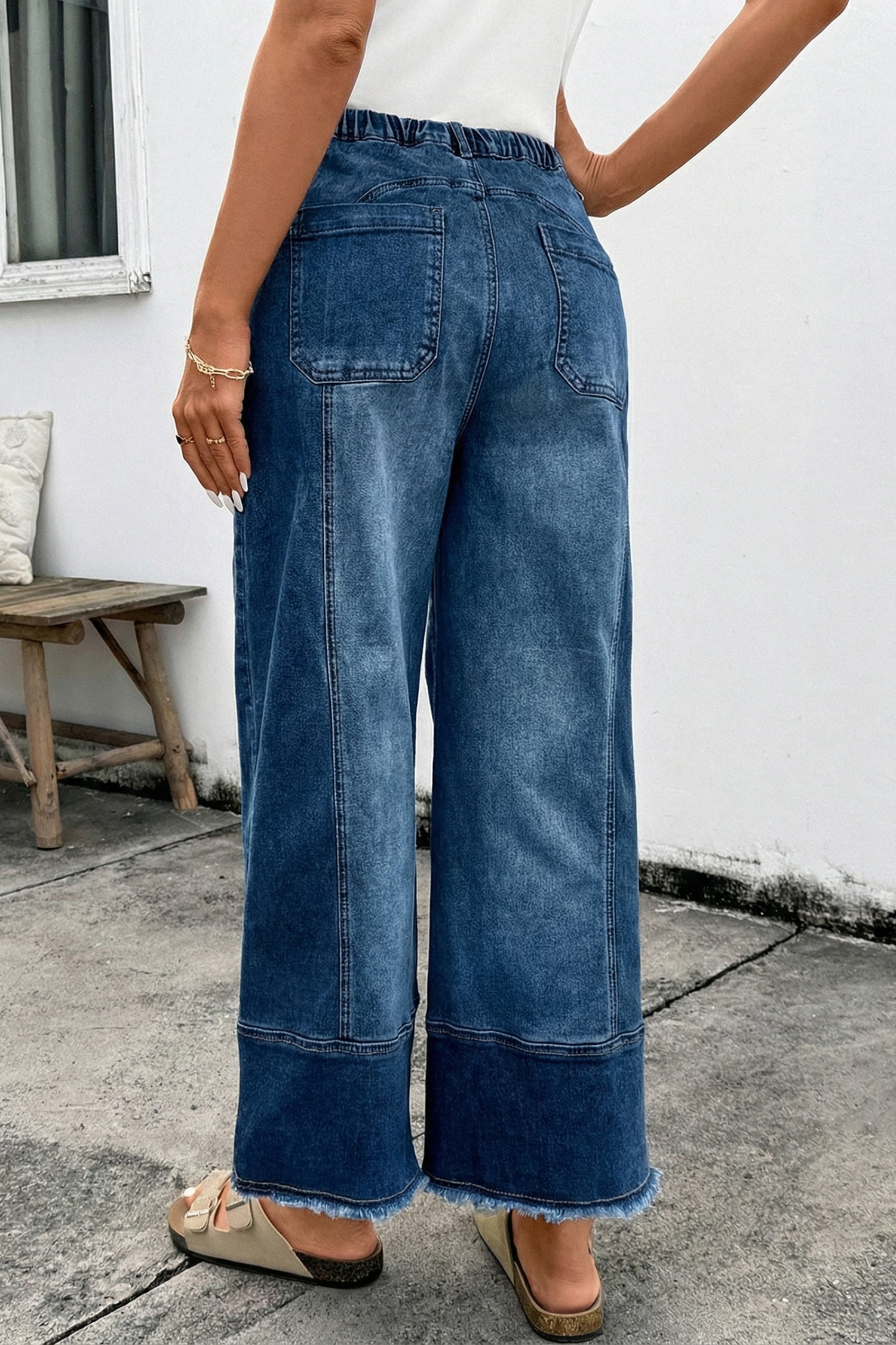 Prussian Blue Drawstring Seam Detail Raw Hem Wide Leg Denim Pants