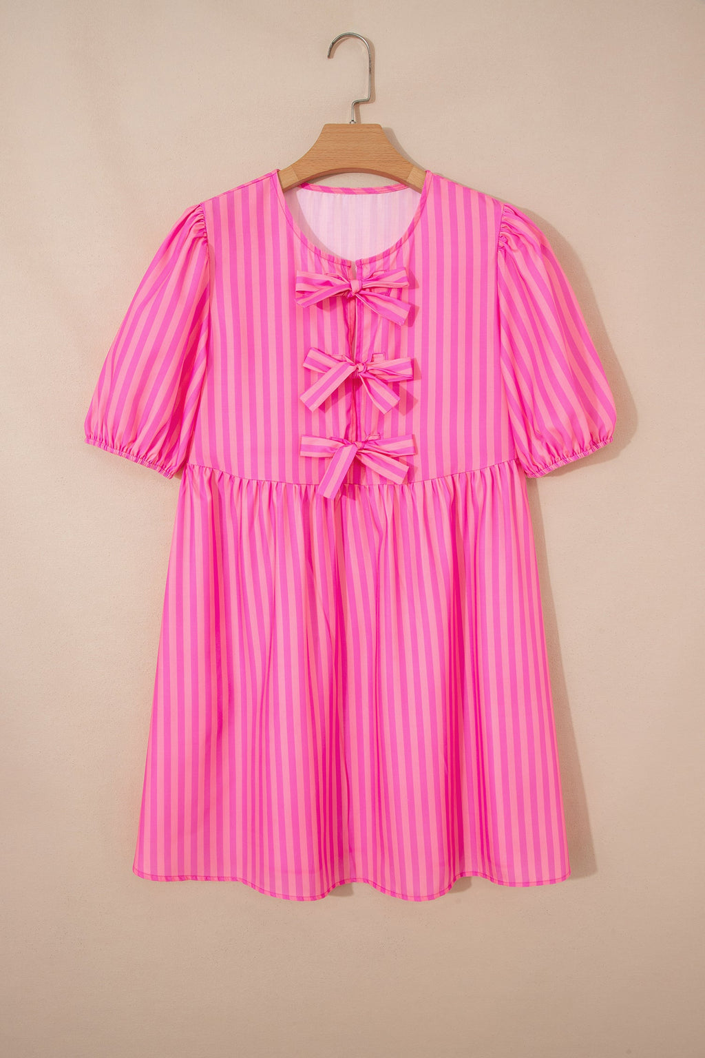 Rose Striped Print Bow Detail Short Puff Sleeve Mini Dress