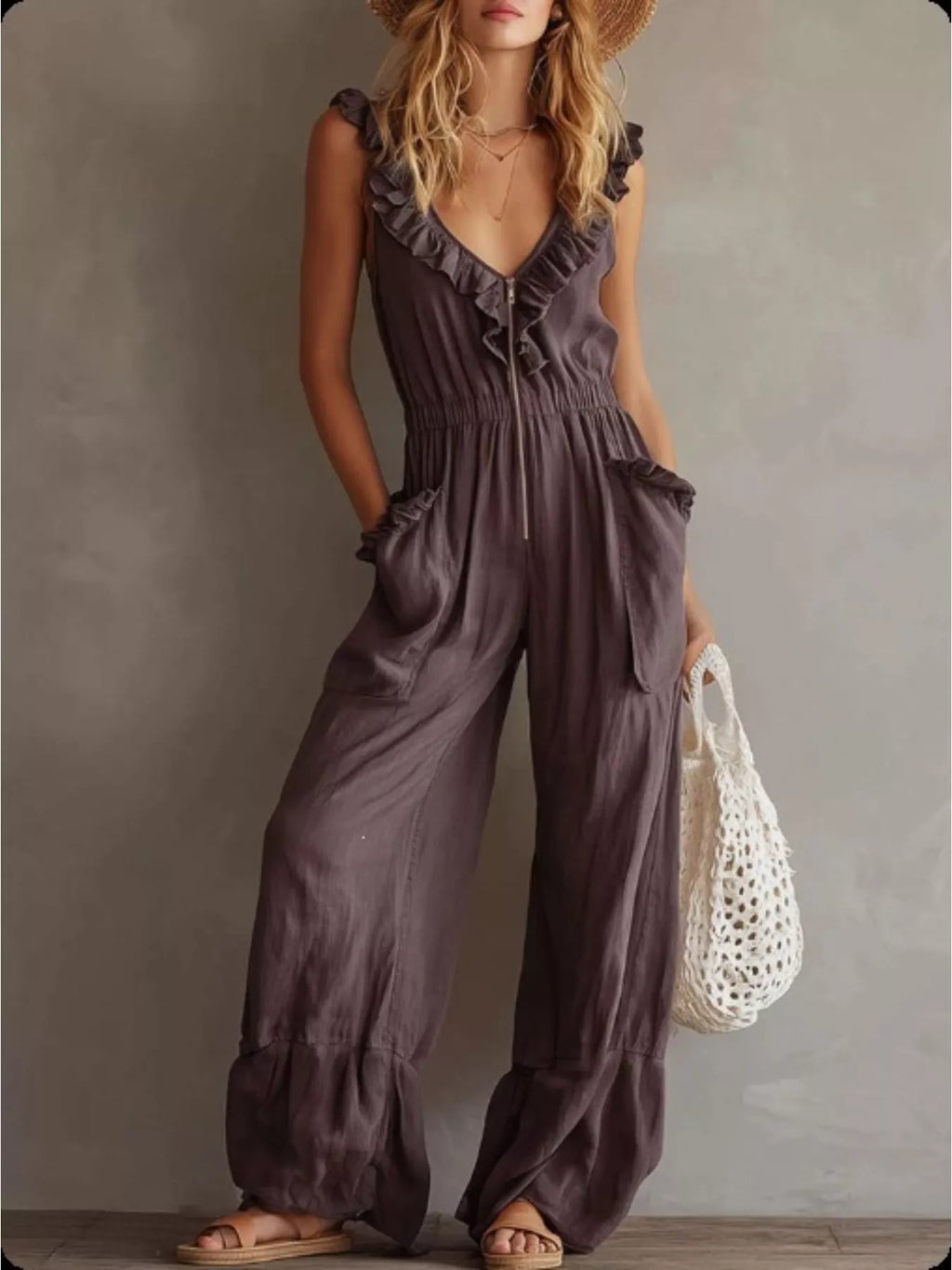 Ruffled V-Neck Wide Leg Jumpsuit